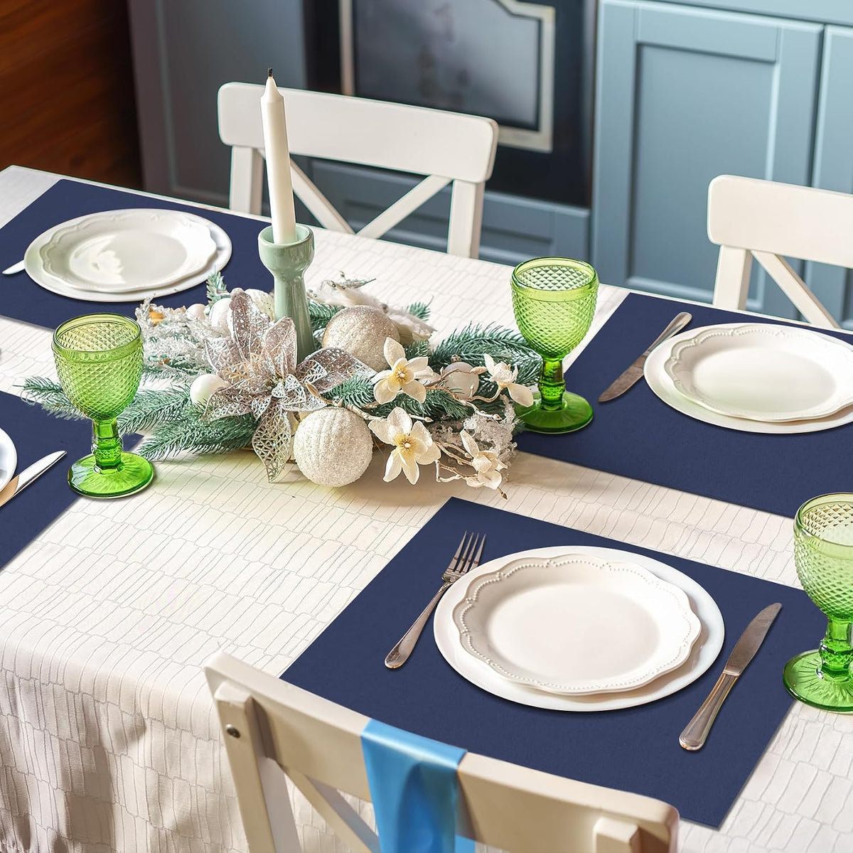 MANSPHIL Navy Blue Fabric Placemats Set of 4 13"x19" Linen Look Place Mats | Dark Blue Cotton Blend Table Mat Oeko Tex