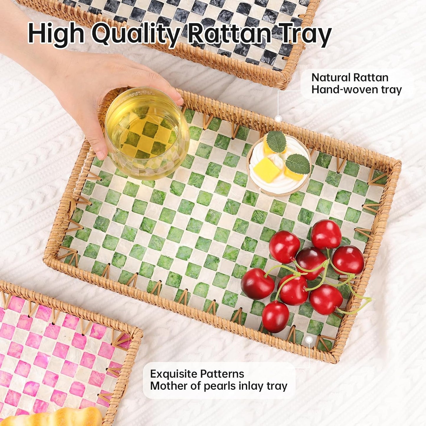 Rattan Serving Tray / Green Checkerboard