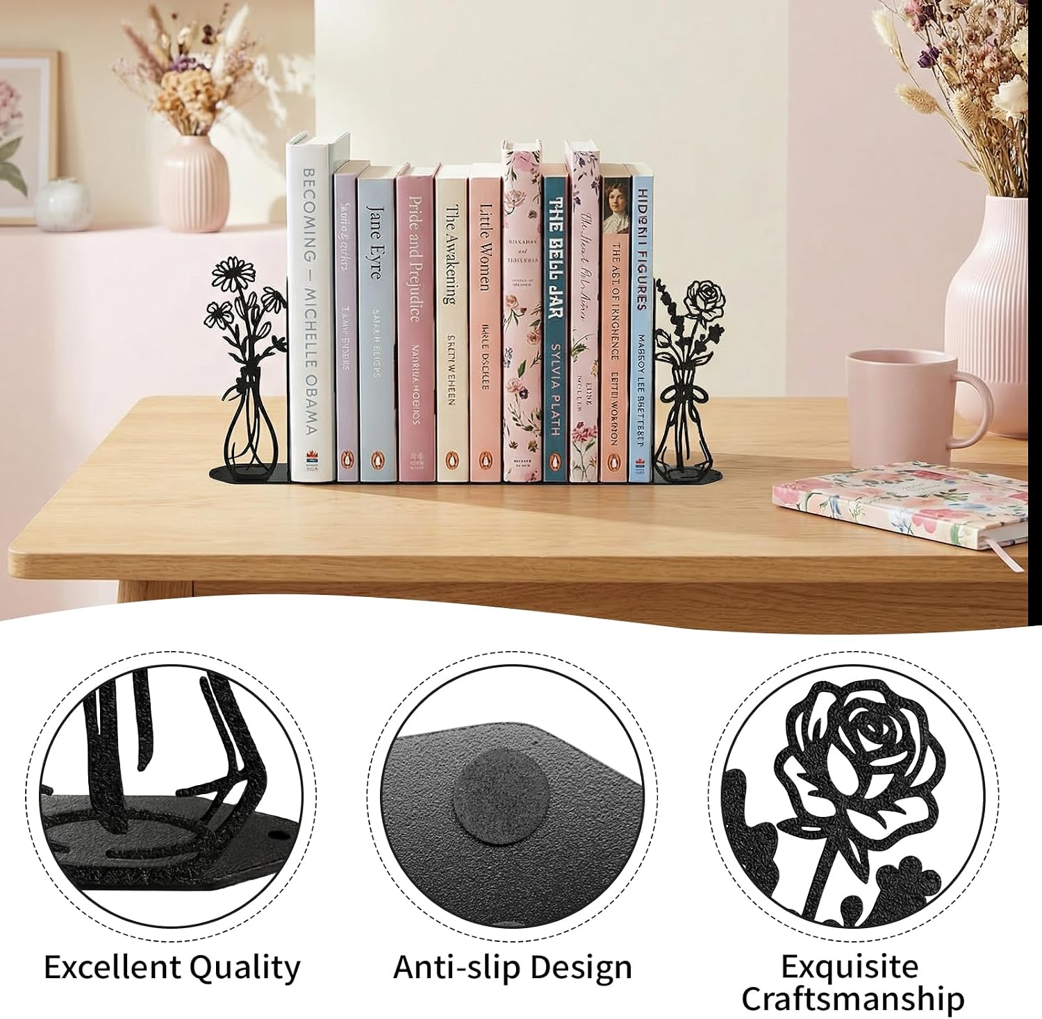 Flower Metal Bookends Decorative Book Ends / Black Flower