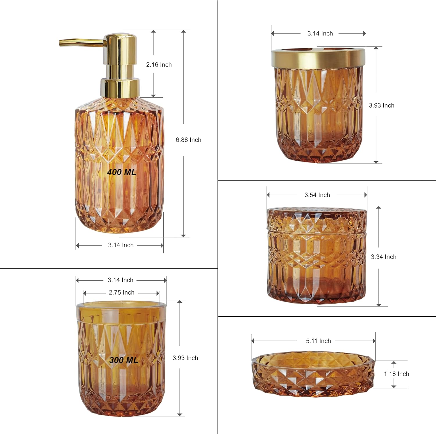 LaMarriti Amber Bathroom Accessories Set, 5Pcs Clear Glass Bathroom Set | Toothbrush Holder Set, Soap Dispenser, Soap