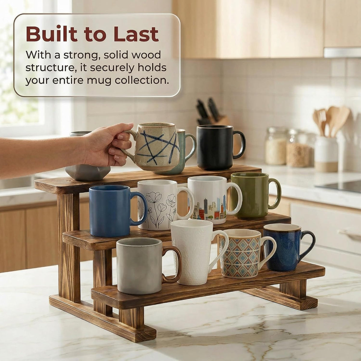 2 Pack 3 Tier Coffee Mug Display Shelf, Wooden Mug Organizer | Mug Display Shelve Coffee Station Organizer Display Rack