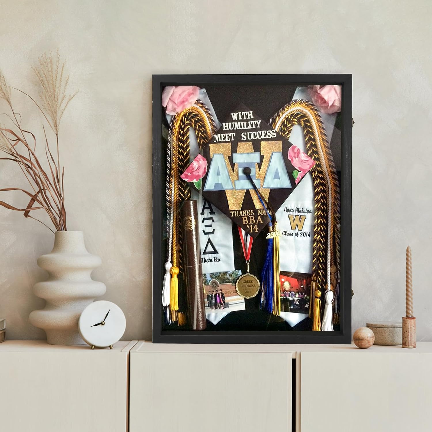 Large Graduation Shadow Box Frame for Cap Gown, Black 18x24 Display Case | Hinged Front Open Door Keepsake Box with