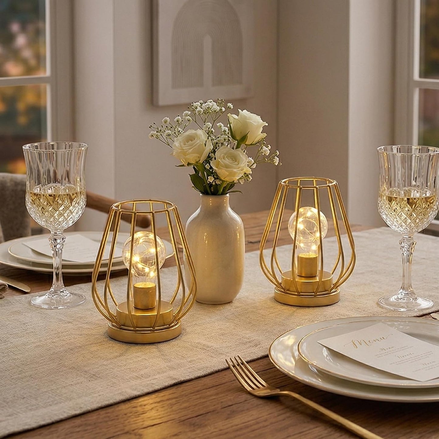 TRIROCKS Set of 2 Metal Battery Operated Lamp 7'' Tall Mini Cage Shape Cordless Table Lamp Battery Lanterns with Warm