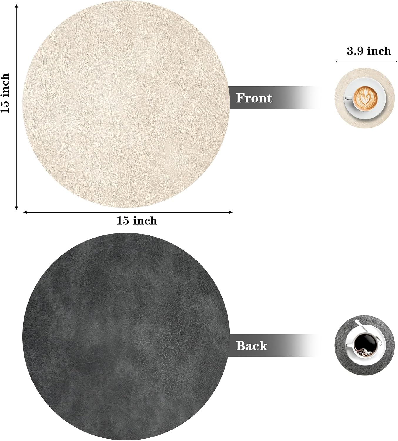 Round Placemats and Coasters Set of 8, Washable Reversible Faux Leather Placemats Cowhide Pattern Place Mats Wipeable