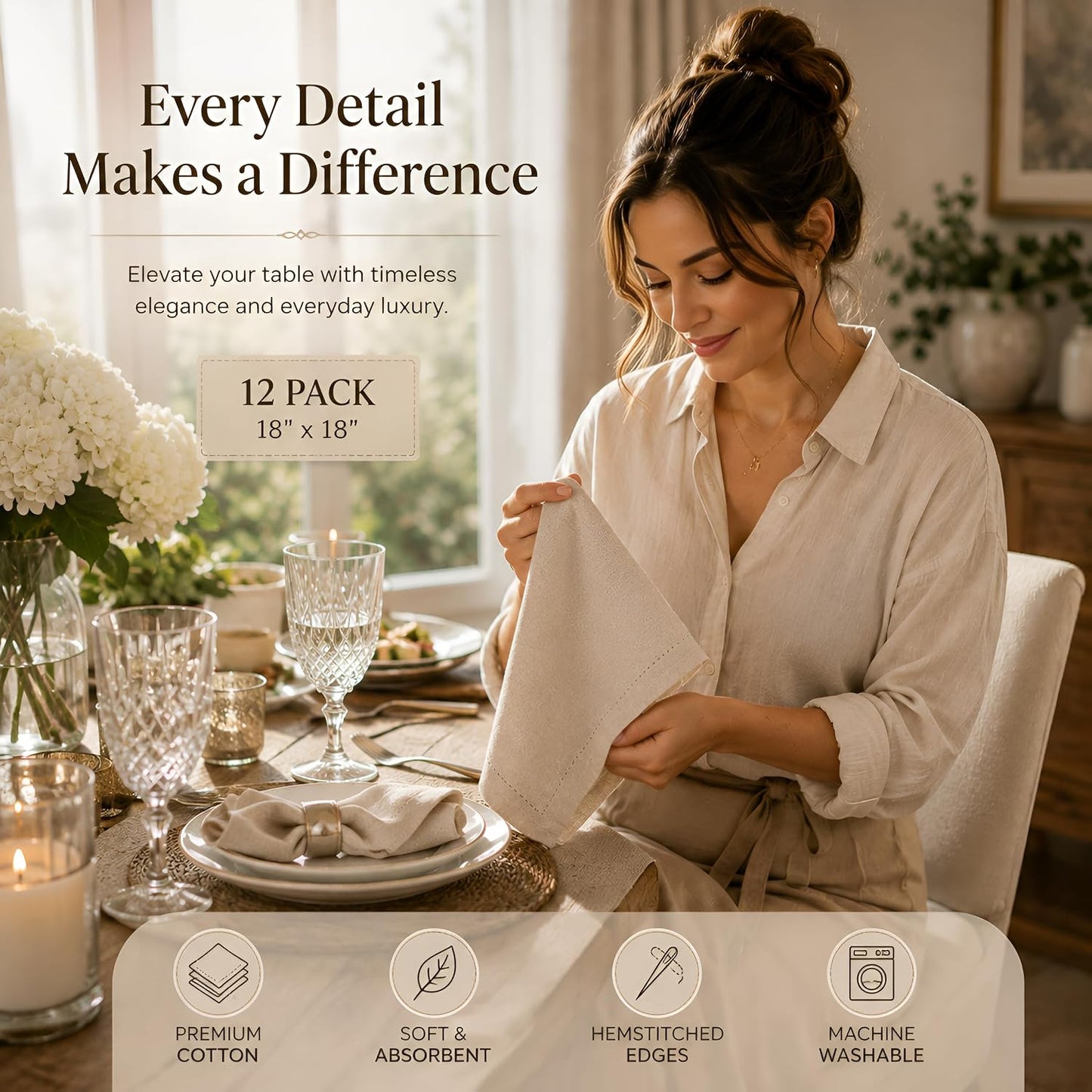 Bedding Craft Linen Cloth Dinner Napkins, 18x18, Set of 12 | Natural Fabric with hemstitched Mitered Corners – Machine