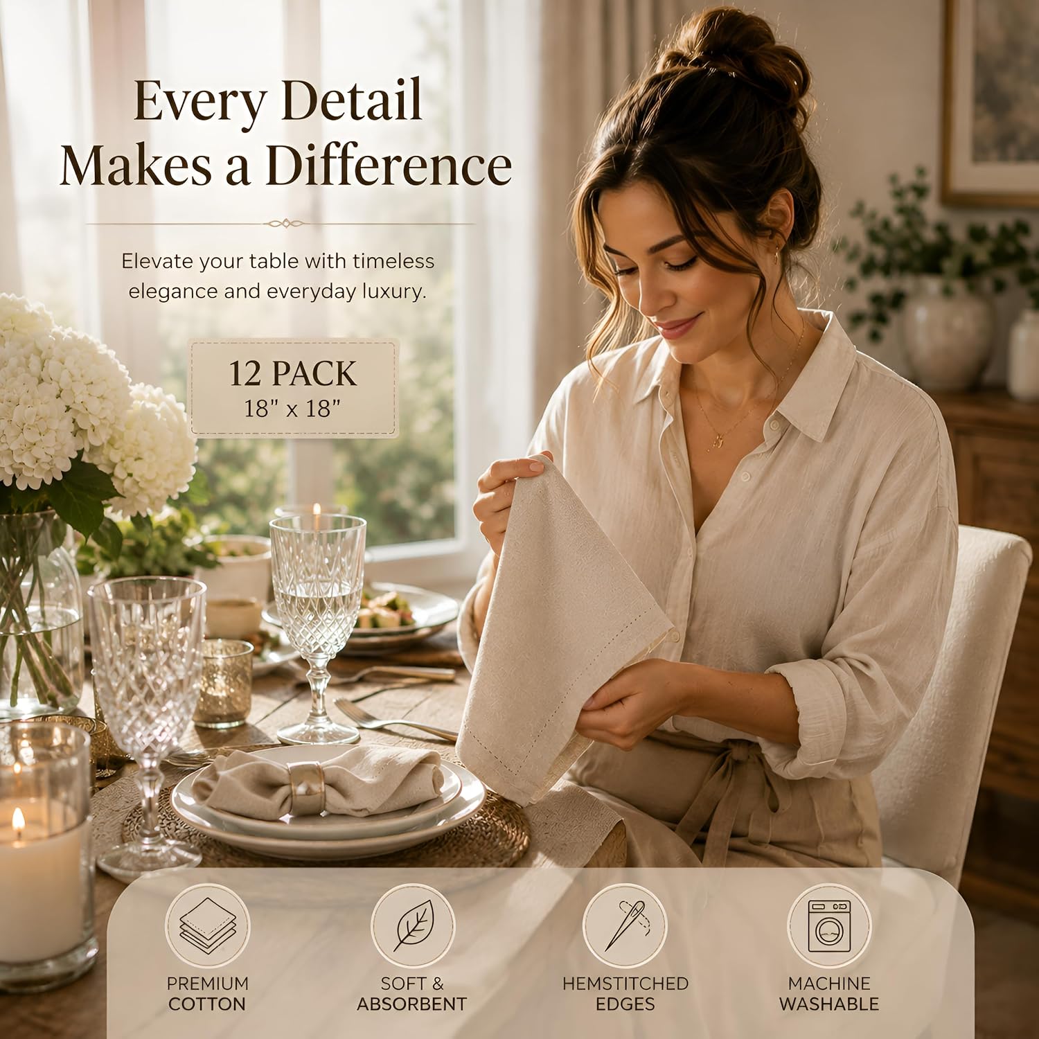 Bedding Craft Linen Cloth Dinner Napkins, 18x18, Set of 12 | Natural Fabric with hemstitched Mitered Corners – Machine