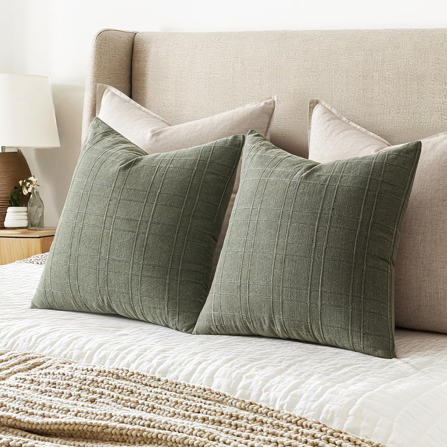 Decorative Linen Check Throw Pillow Covers Neutral Farmhouse / 18 x 18 / Olive Green / Set of 2