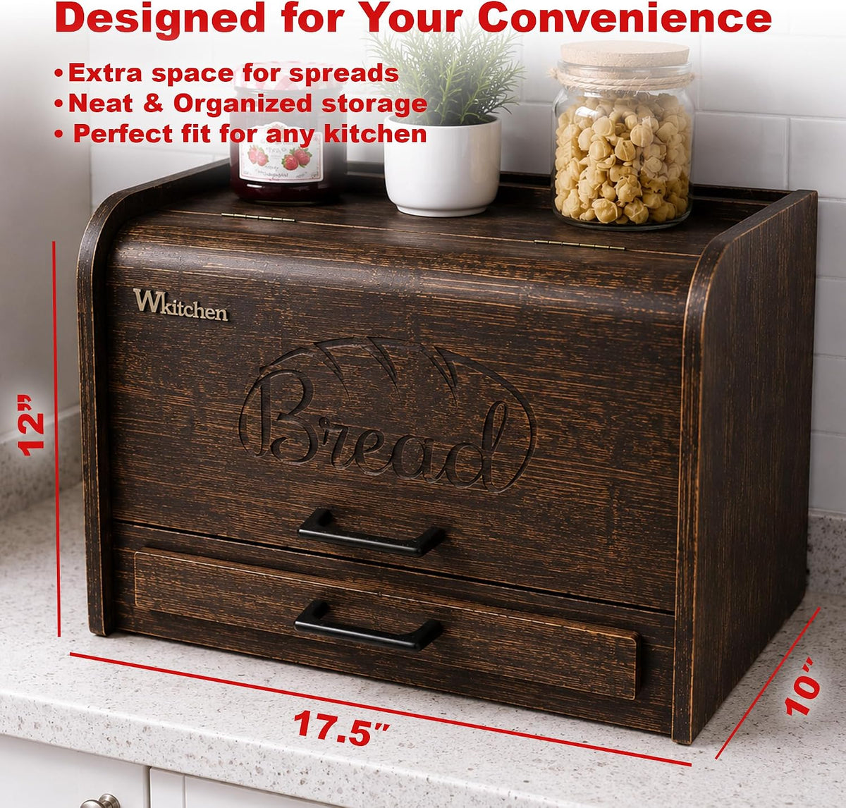 KNIFEPLANET Premium FULLY ASSEMBLED Rustic Bread Box – Extra Large Real Wood Bread Box for Kitchen Countertop Storage