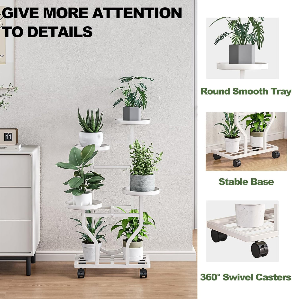 Plant Stand with Wheels, White 4 Tier Metal Plant Shelf for Indoor Outdoor | Corner Plants Stand Indoor for Bedroom