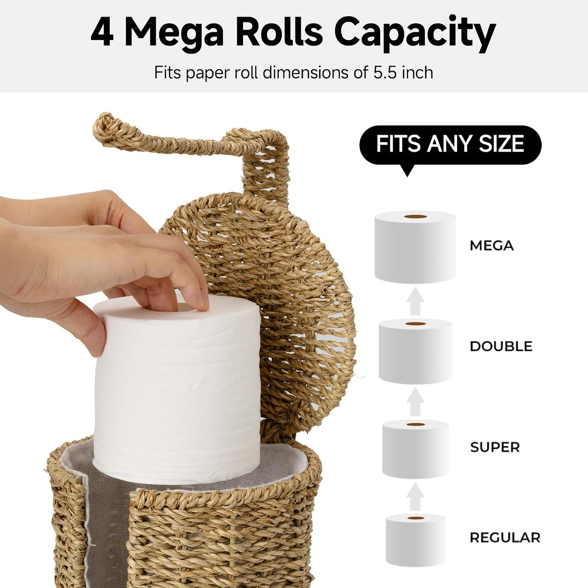 StorageWorks Wicker Freestanding Toilet Paper Holder Stand with Storage | Farmhouse Covered Toilet Paper Stand for 4
