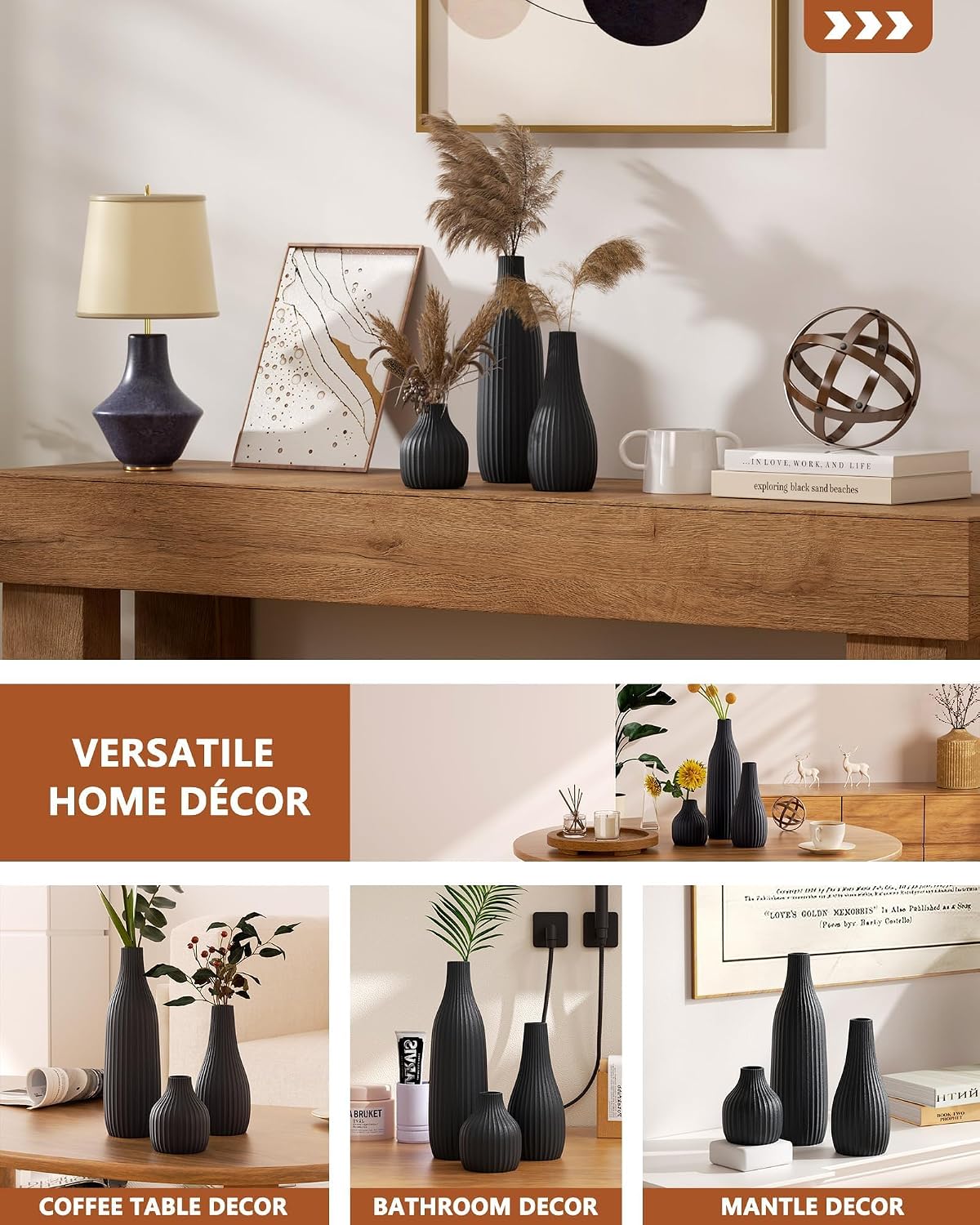 Minimal Line Ceramic Vase / Black / Set of 3