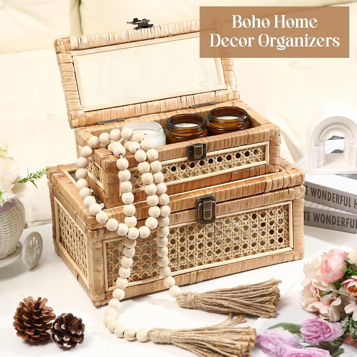 Glass Lid Rectangular Woven Cane Stacking Boxes for Display Rustic Farmhouse / Set of 2
