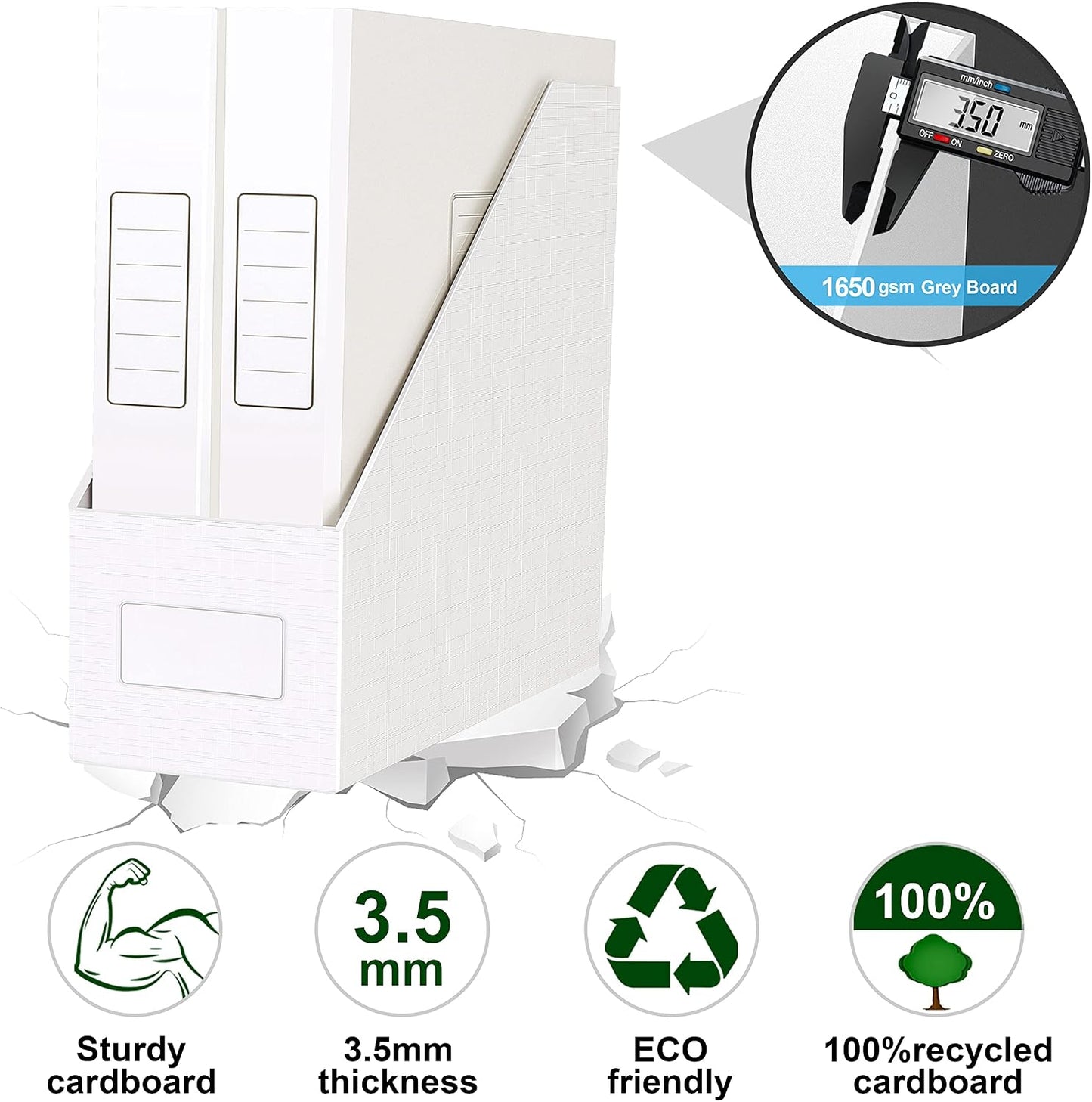 White Magazine File Holders，3 Packs Cardboard File Rack, Folder Holder | Sturdy Cardboard Desktop Storage File Box