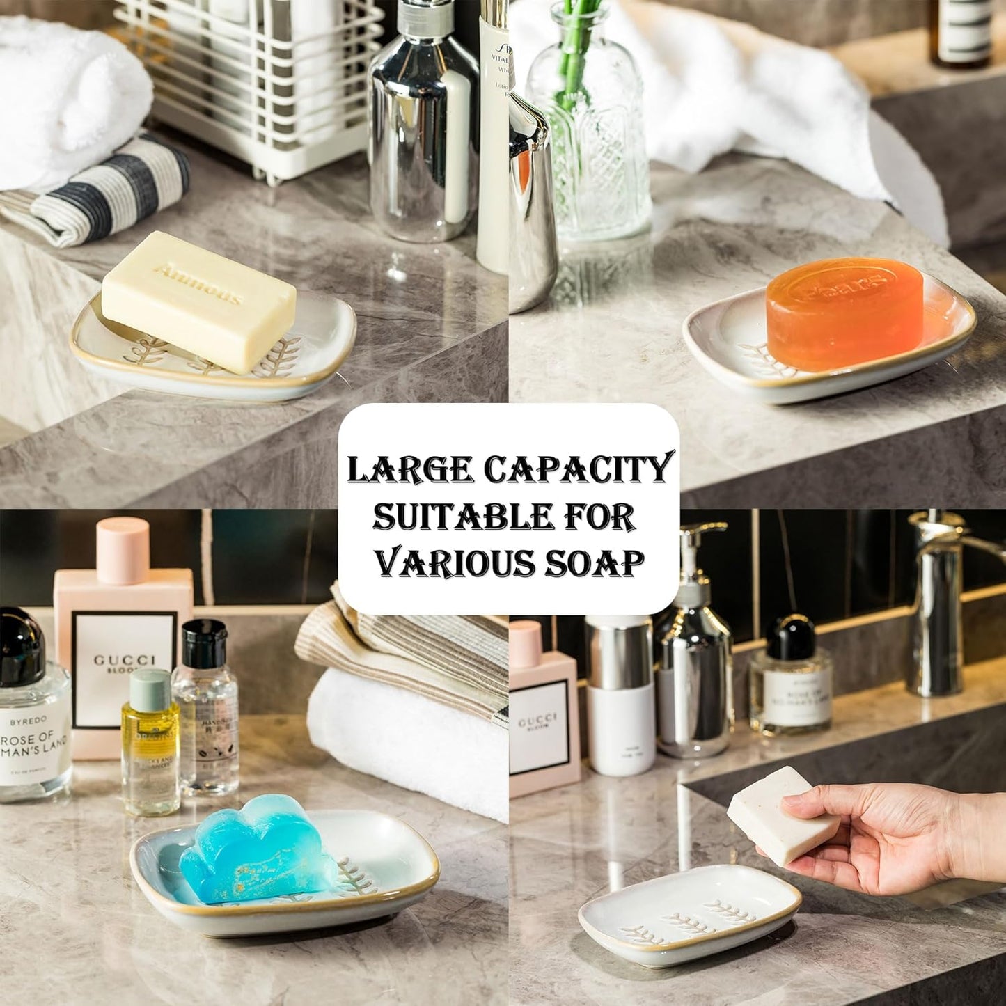 Ceramic Soap Dishes for Large Soap Bar Shampoo or Sponge / Beige / Leaf Design