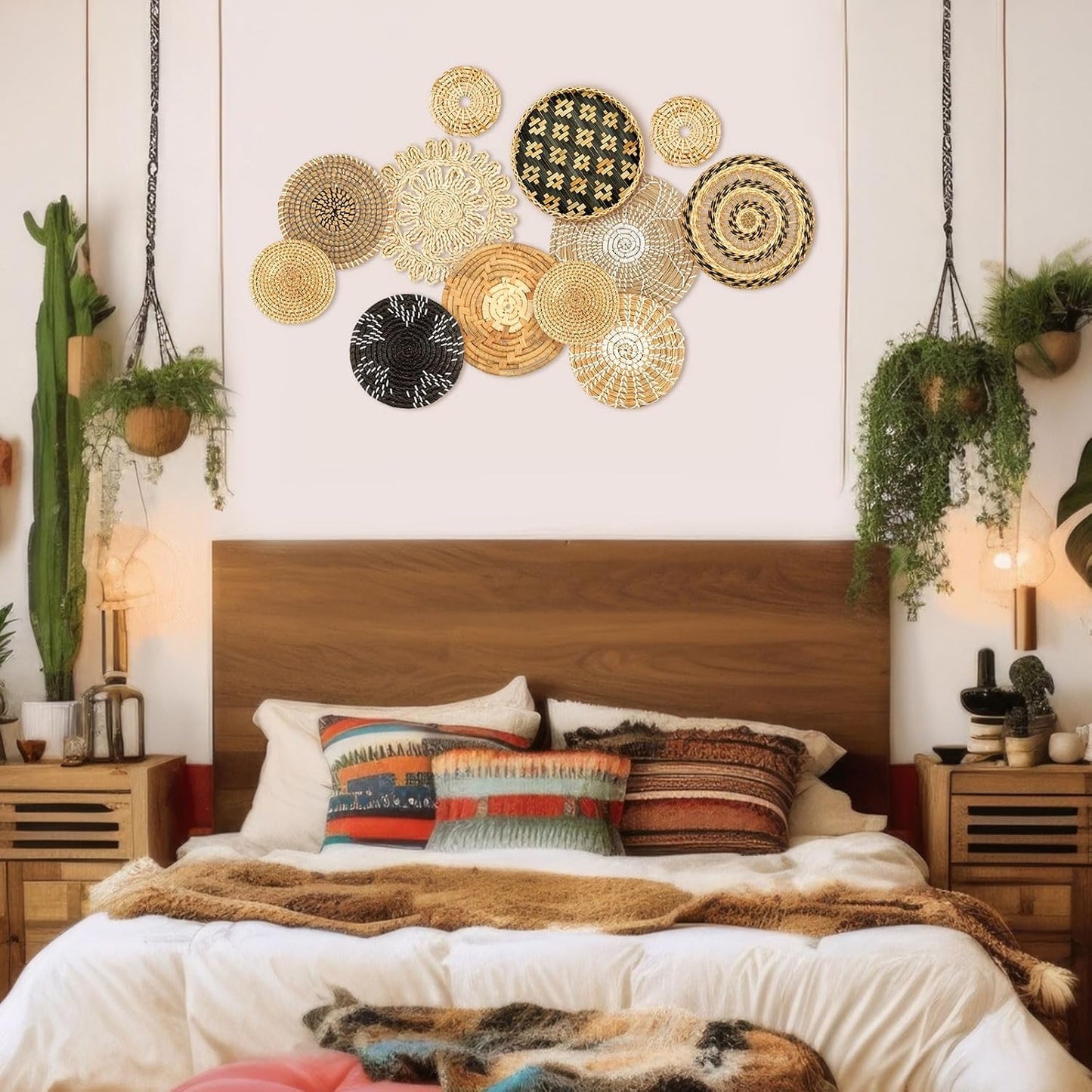 Boho Wall Basket Decor Woven Rattan Flat Baskets Handmade Boho Wicker Bamboo / Retro / Set of 13