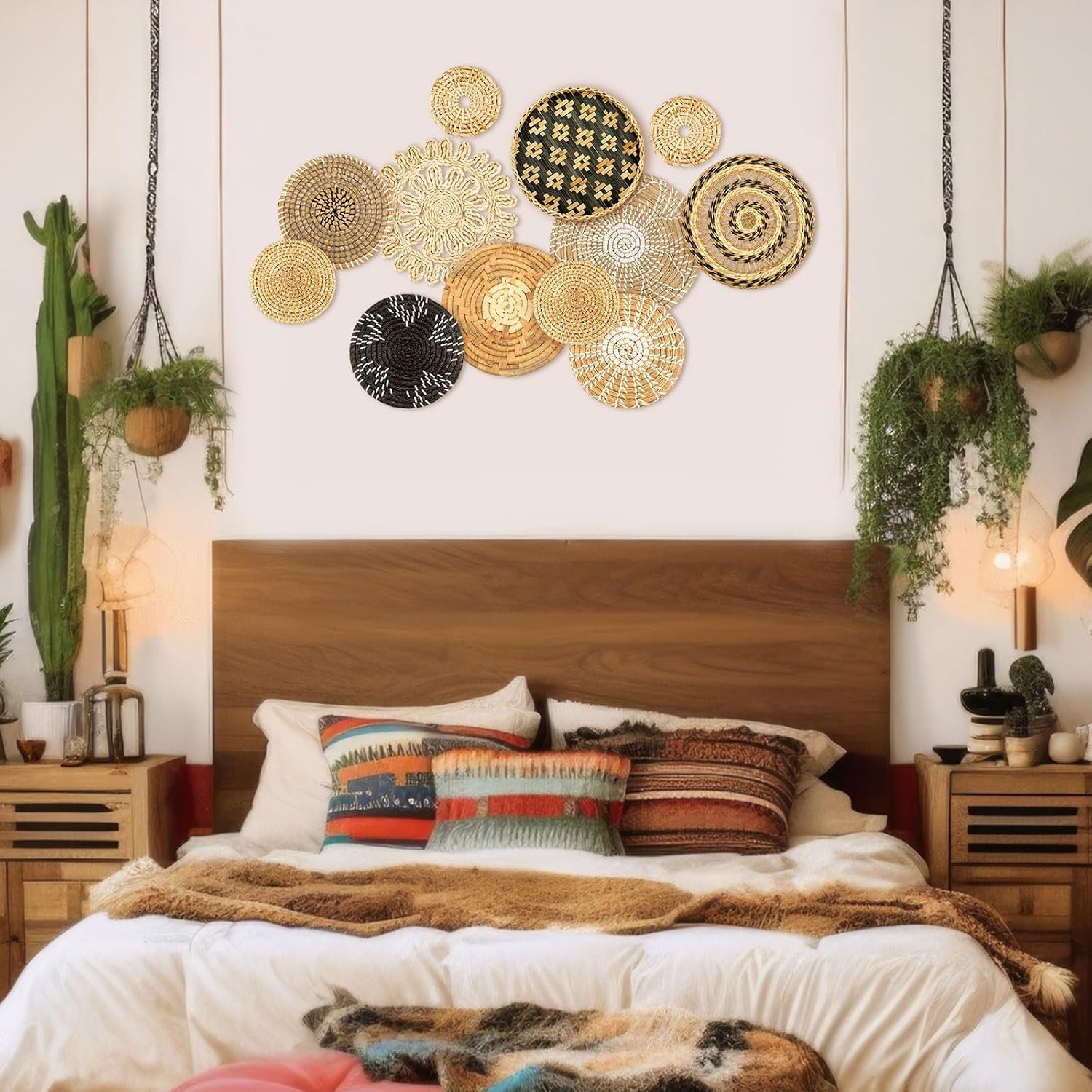 Boho Wall Basket Decor Woven Rattan Flat Baskets Handmade Boho Wicker Bamboo / Retro / Set of 13