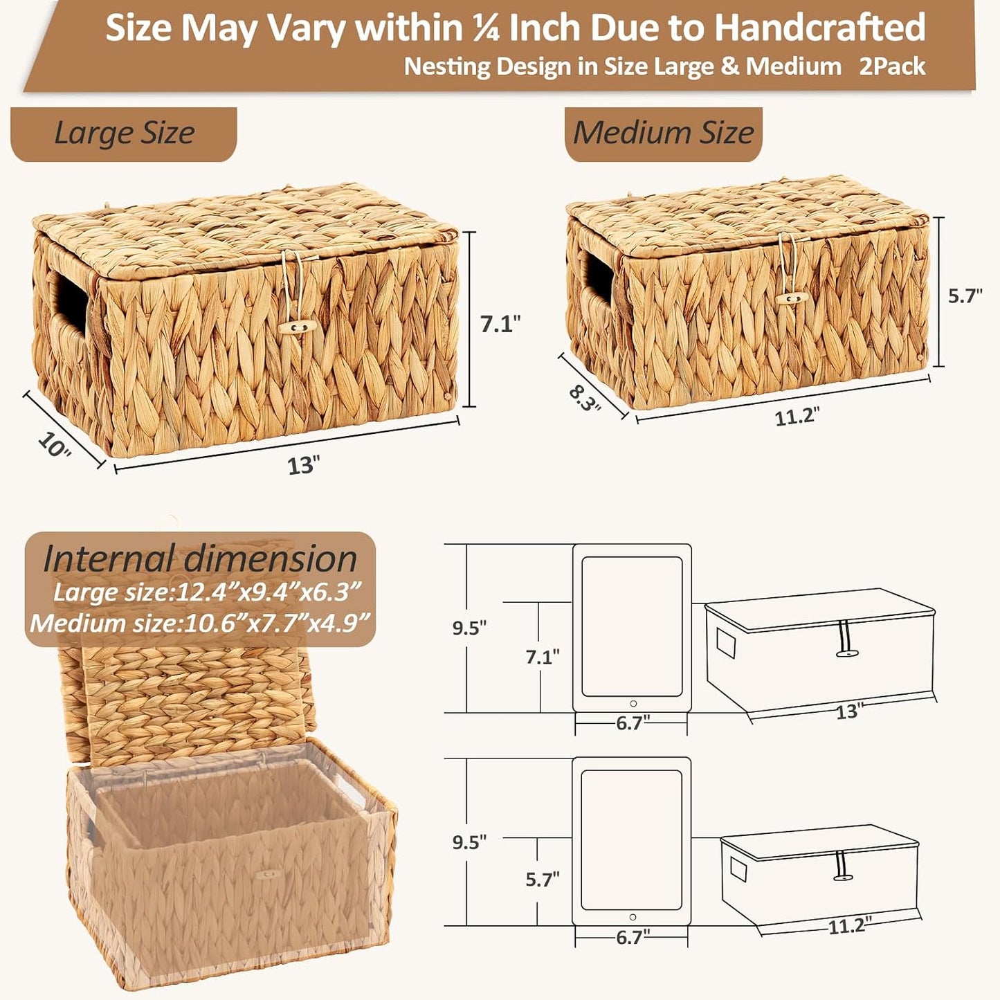 Wicker Basket / Large & Small Storage Basket / 13 x 10 x 7 / Natural with Lid