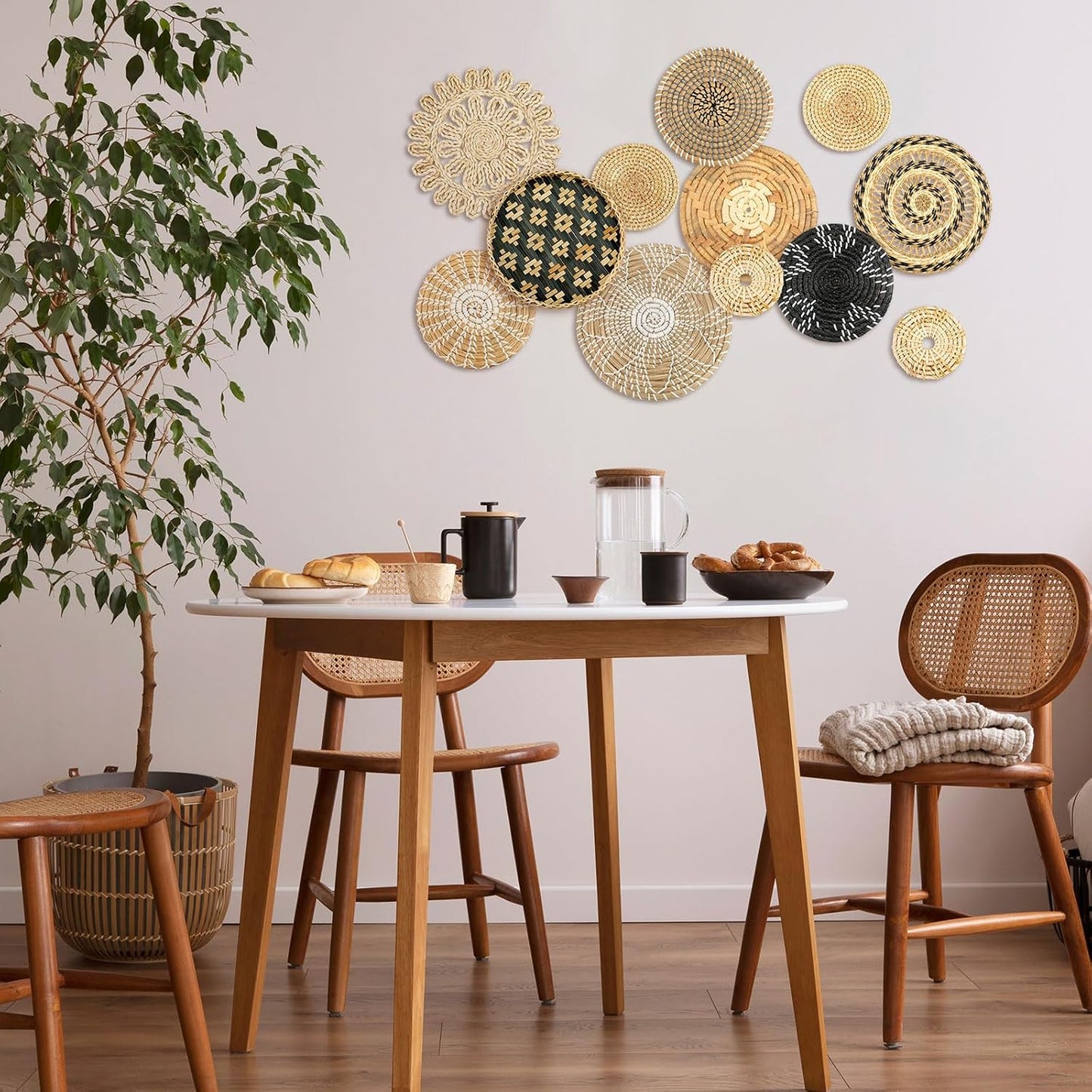 Boho Wall Basket Decor Woven Rattan Flat Baskets Handmade Boho Wicker Bamboo / Retro / Set of 13