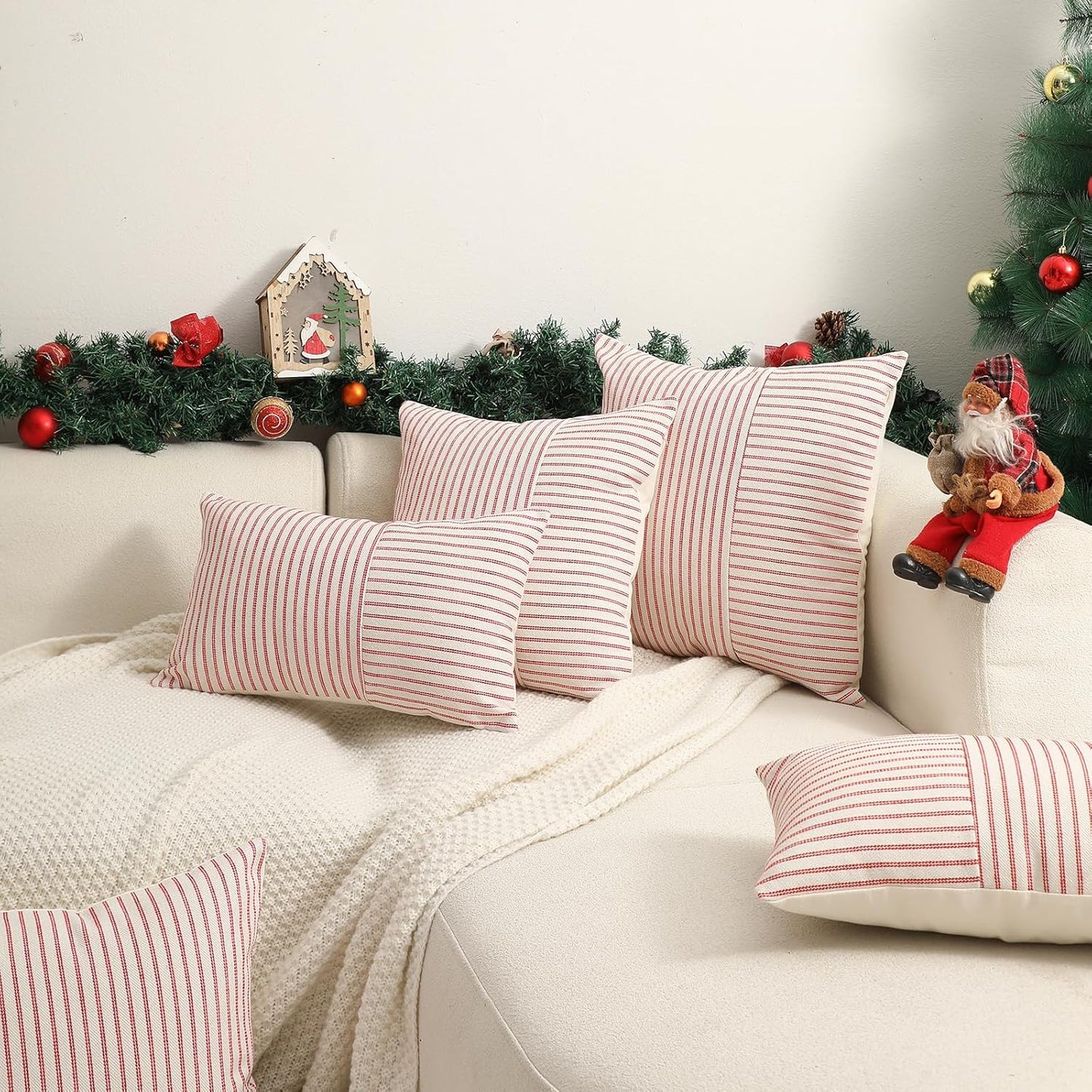 Striped Linen Decorative Pillows Cushion Covers / Red / 18 x 18 / Set of 2