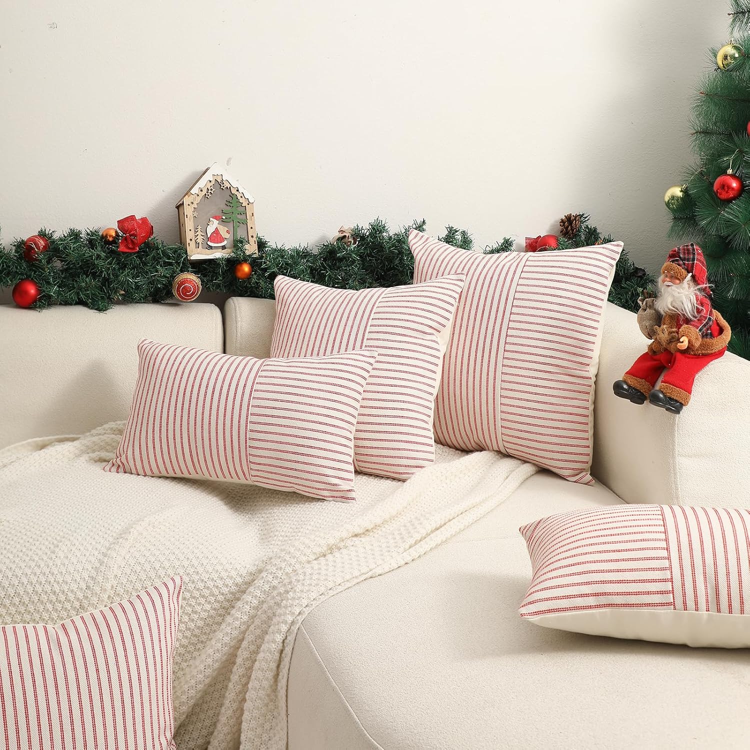 Striped Linen Decorative Pillows Cushion Covers / Red / 18 x 18 / Set of 2