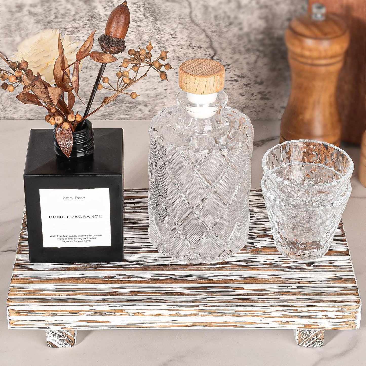 Small Wood Tray Pedestal Stand Farmhouse Bathroom Decor Decorative / Retro White / 9 x 5.9 x 1.6