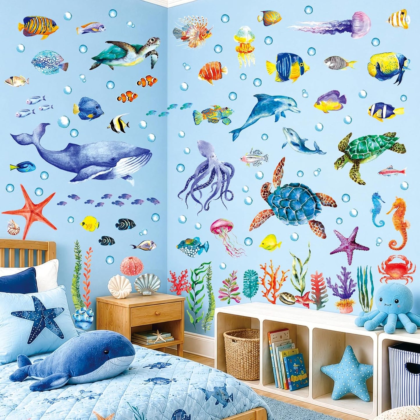 DECOWALL Under The Sea Wall Decals Ocean Fish Stickers Turtle Jellyfish Seaweed / Set of 128
