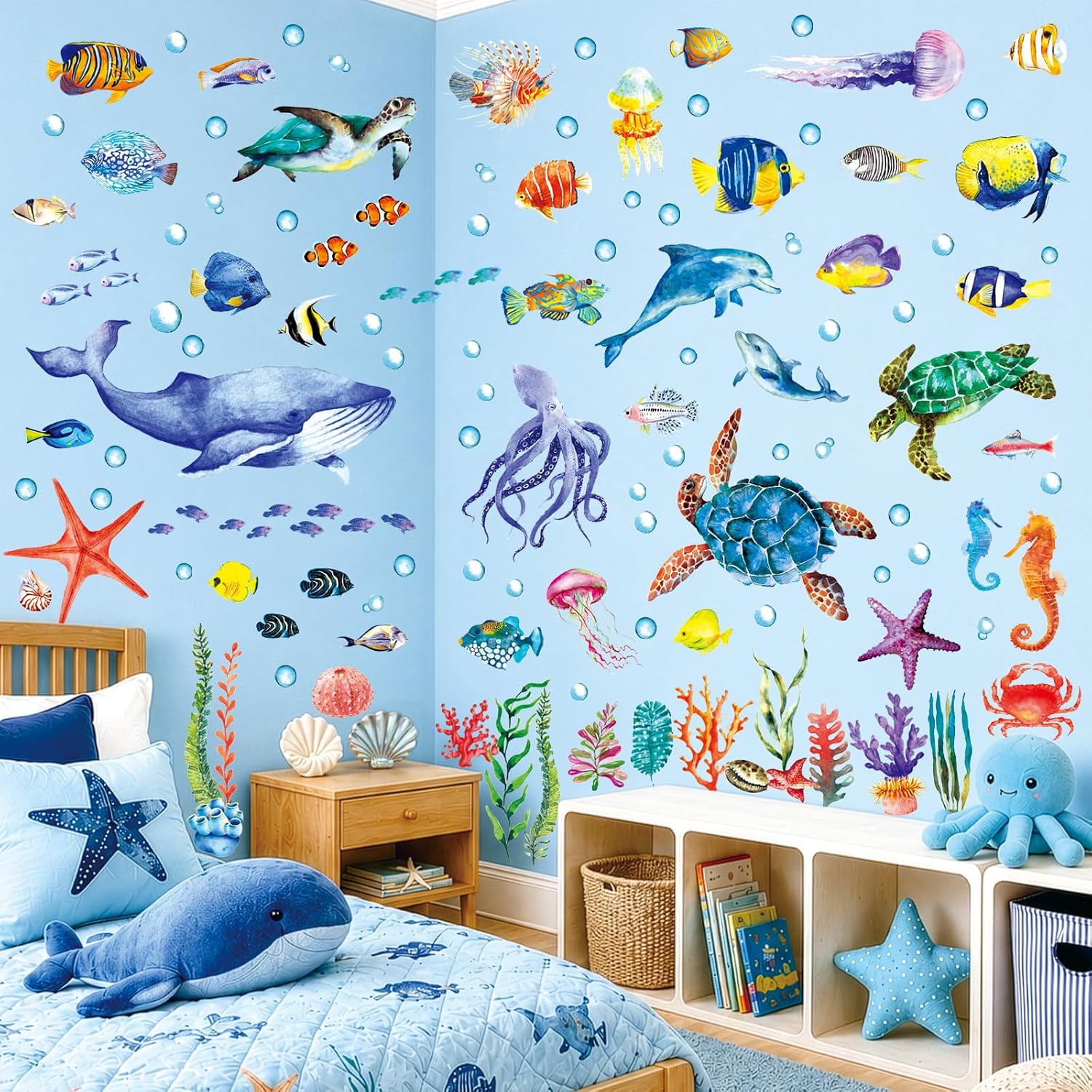 DECOWALL Under The Sea Wall Decals Ocean Fish Stickers Turtle Jellyfish Seaweed / Set of 128
