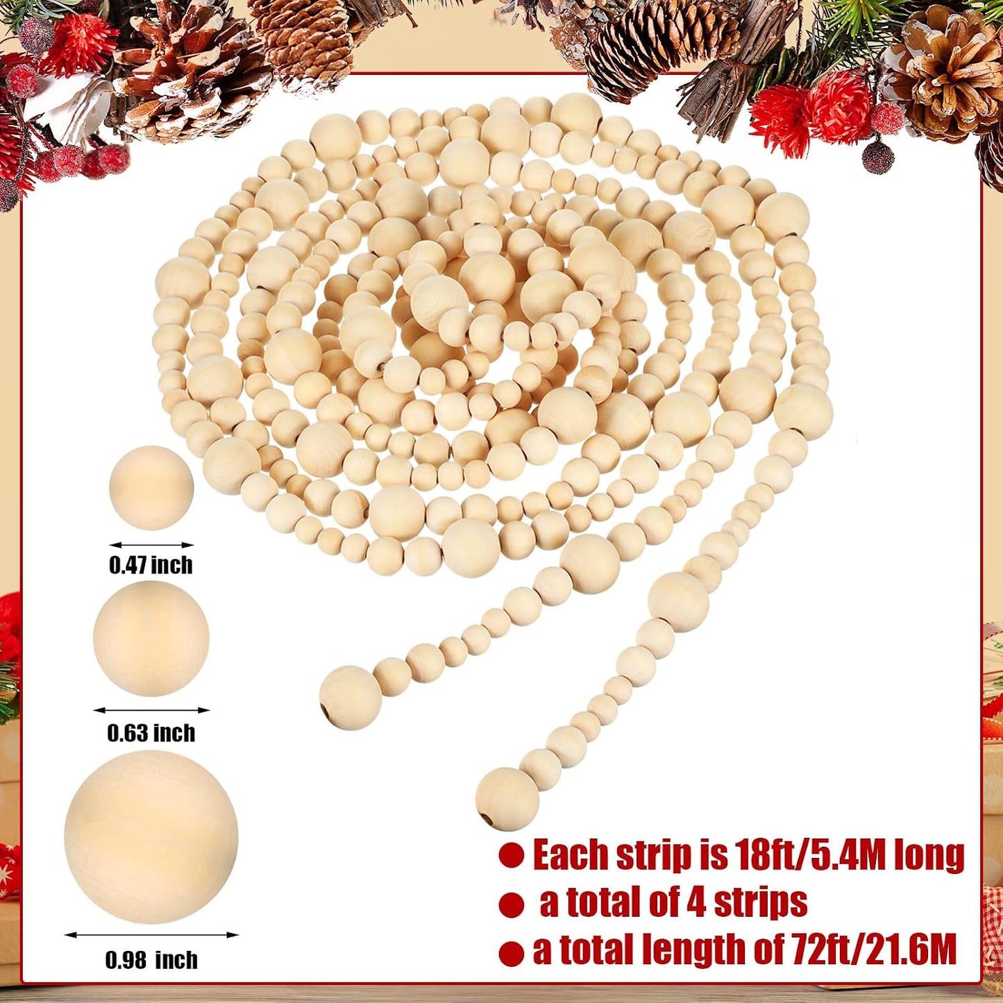 4 Pcs 72 ft Christmas Tree Wood Bead Garland Christmas Wooden Beads Garland Hanging Boho Xmas Decor Rustic Farmhouse