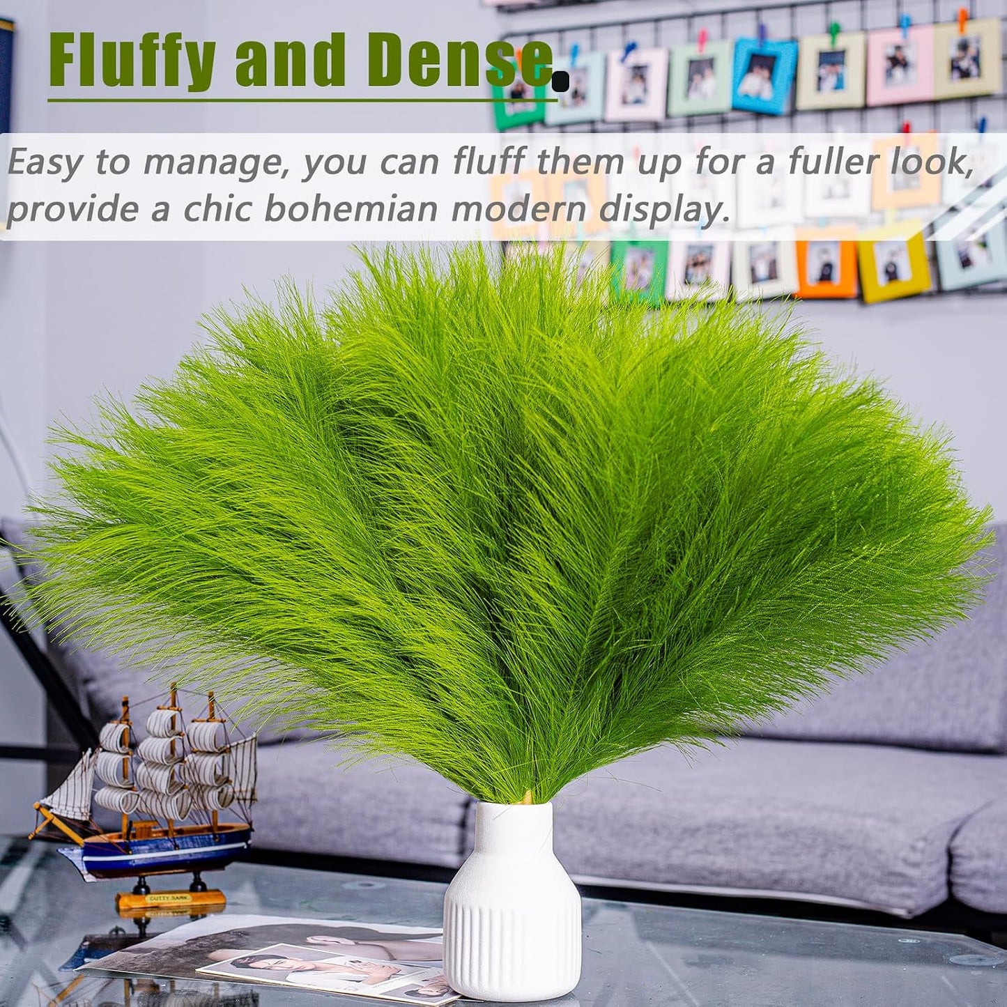 10 Stems 17.7" Artificial Pampas Grass Bouquet Small Pompas Floral Arrangement / Grass Green