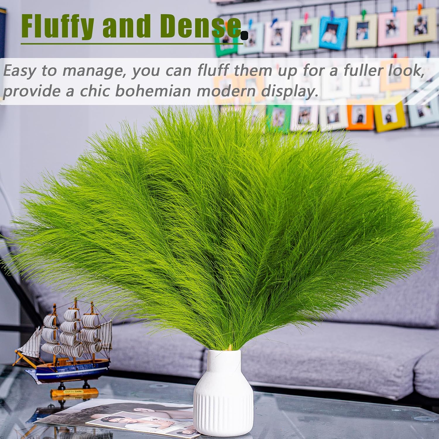 10 Stems 17.7" Artificial Pampas Grass Bouquet Small Pompas Floral Arrangement / Grass Green
