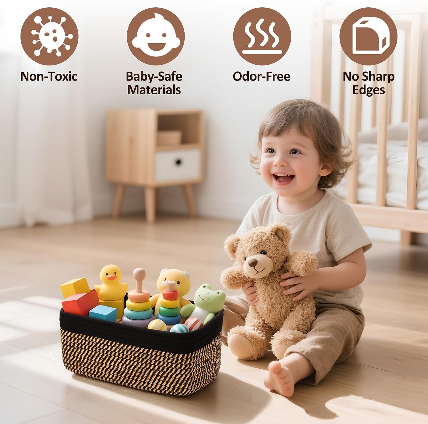 Small Woven Rope Storage Baskets / Black & Gold / 11.81*7.48*4.72'' & 5.91*5.91*2.56 / Set of 5