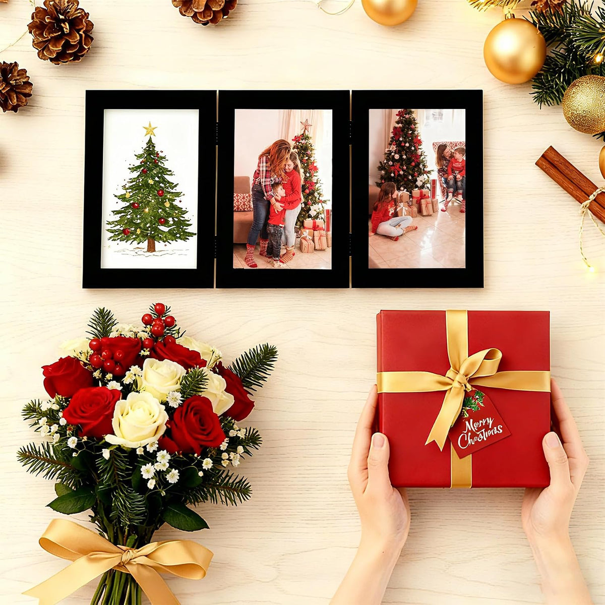 decorUhome Orange Triple 6x4 Picture Frame Horizontal, MDOR08 | "Z" Shape Folding Design Engineered Wood Trifold Photo