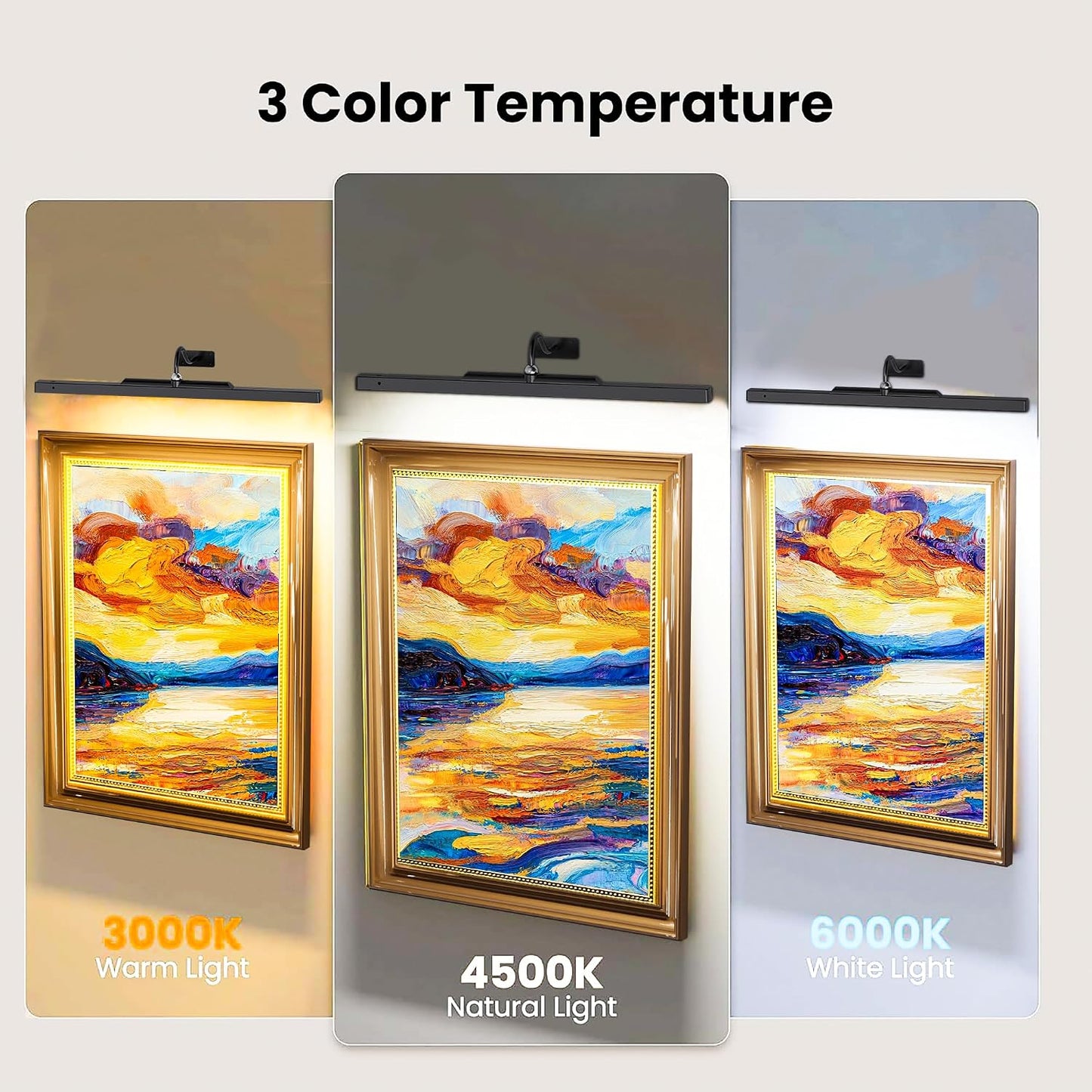 24Inch Picture Lights Battery Powered 6000mAh -3 Pack Black Wireless Remote Control Sconces for Gallery, Living Room