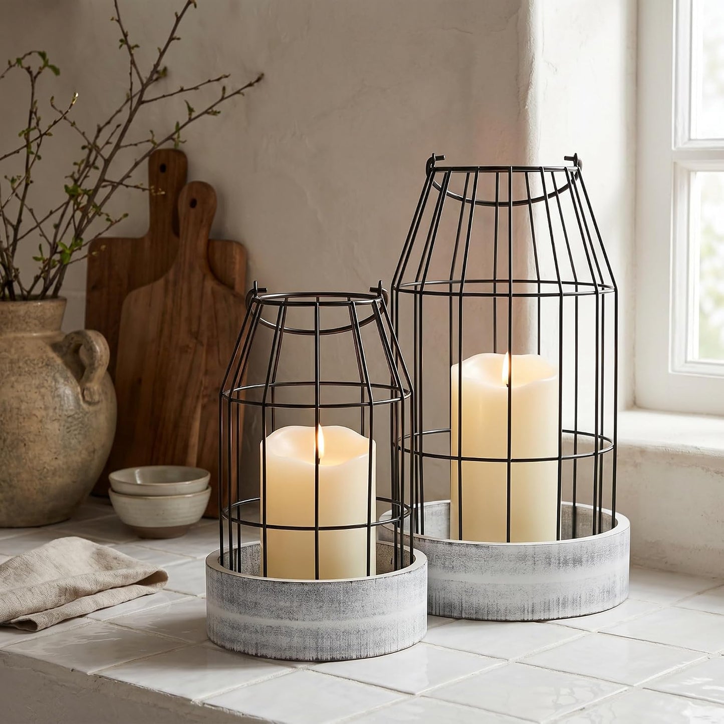 Rustic Farmhouse Lantern Decor Set of 2 - Stylish Decorative Lanterns | Modern Indoor/outdoor Coffee Table Decor for
