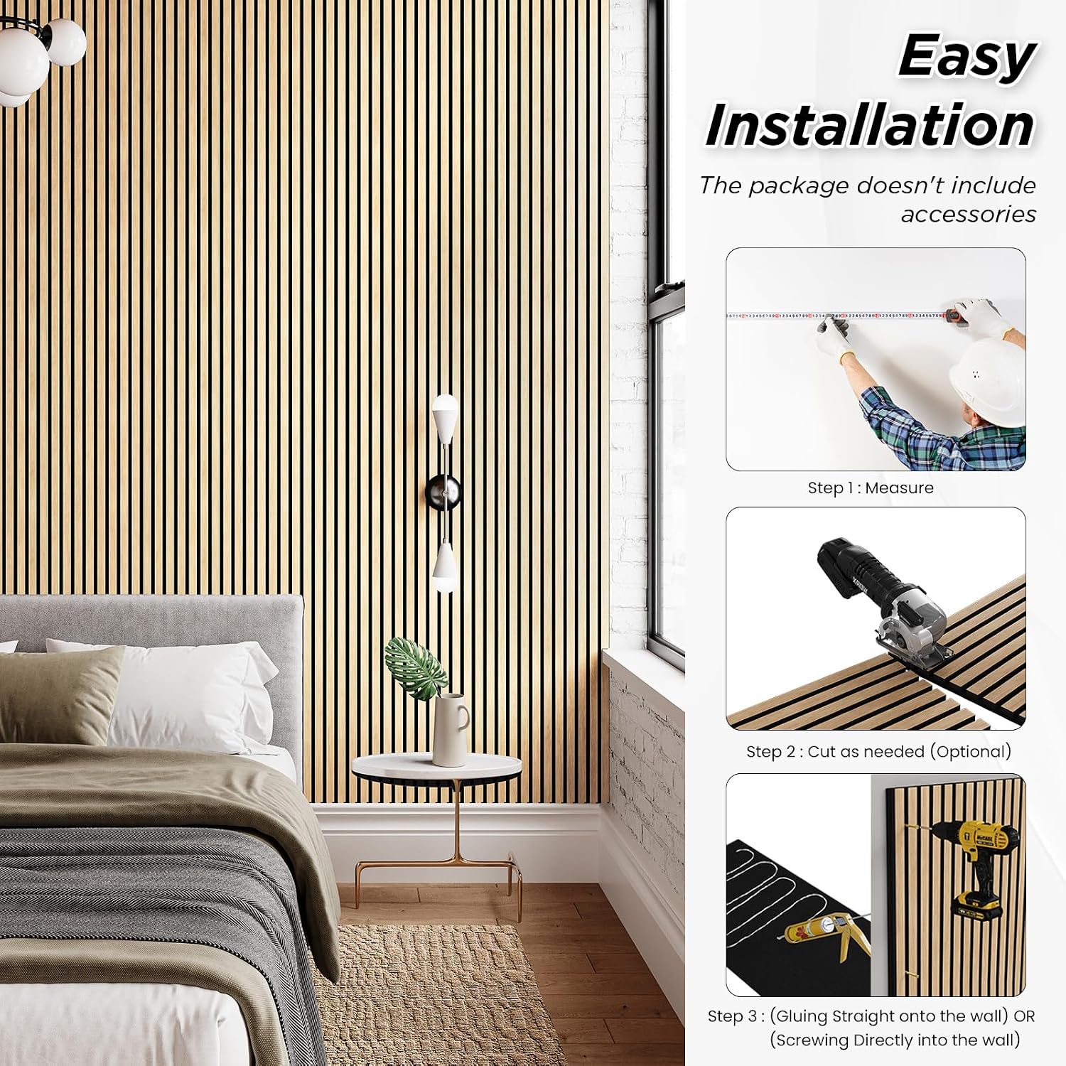 SMARTSTANDARD 2 Pack 106" x 12.6" Wood Slat Wall Panels, White Oak | Soundproof Wooden Wall Panels, Acoustic Wood
