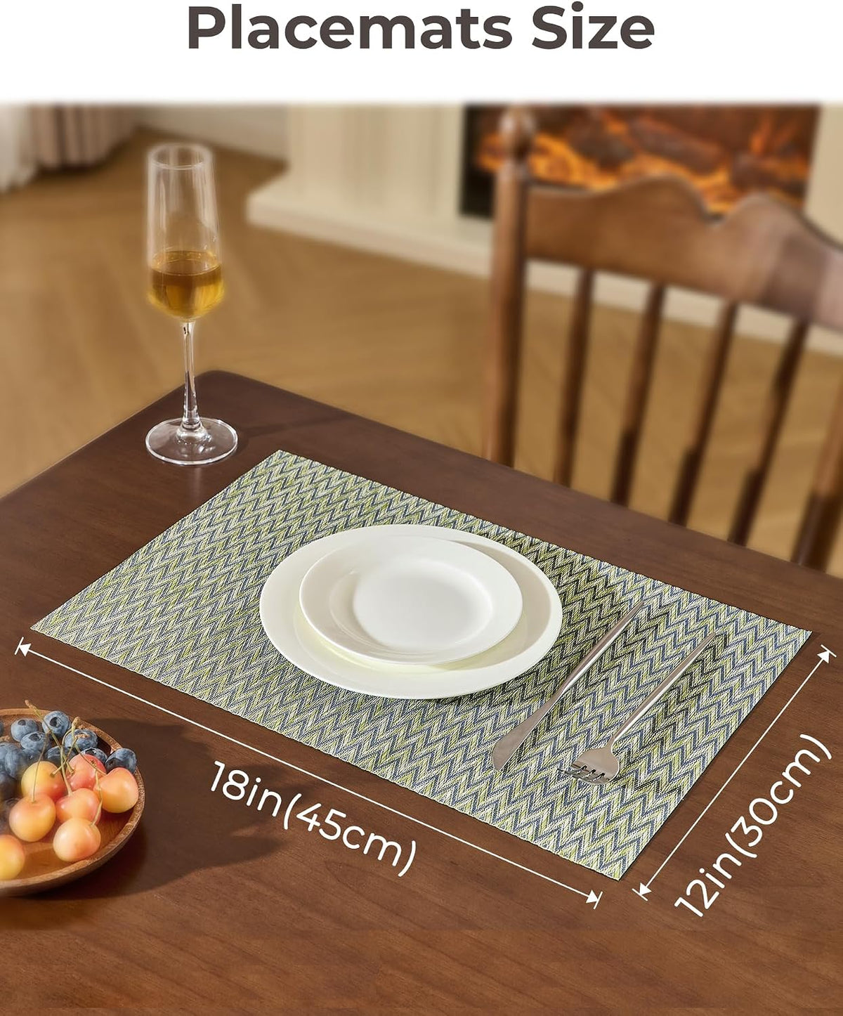 Leetaltree Woven Vinyl Placemats Set of 8,Green Zigzag | High Density，Stain Resistant, Easy to Clean, Washable Table