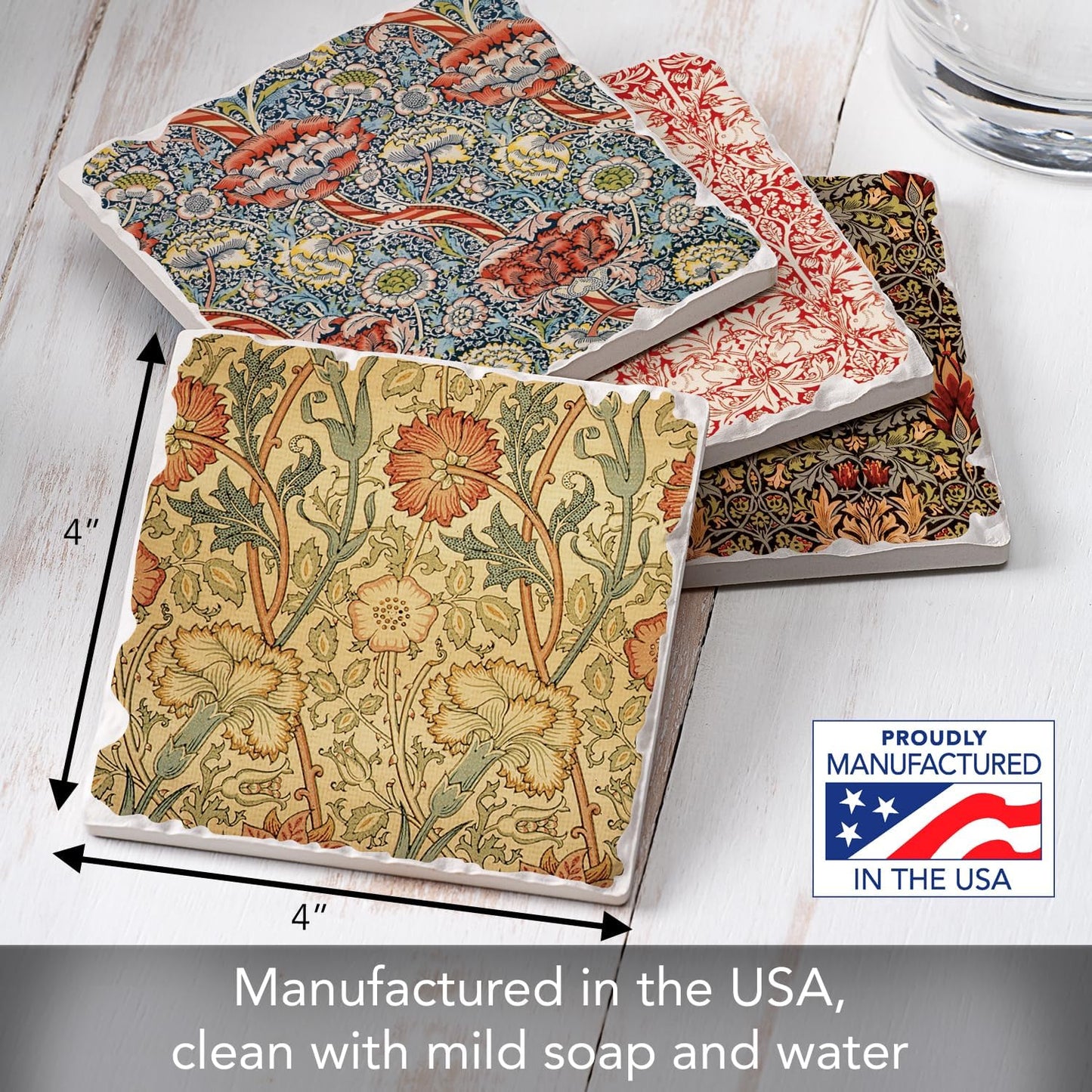 Thirstystone Assorted Tumbled Tile Stone Coasters / William Morris Textiles / Set of 4