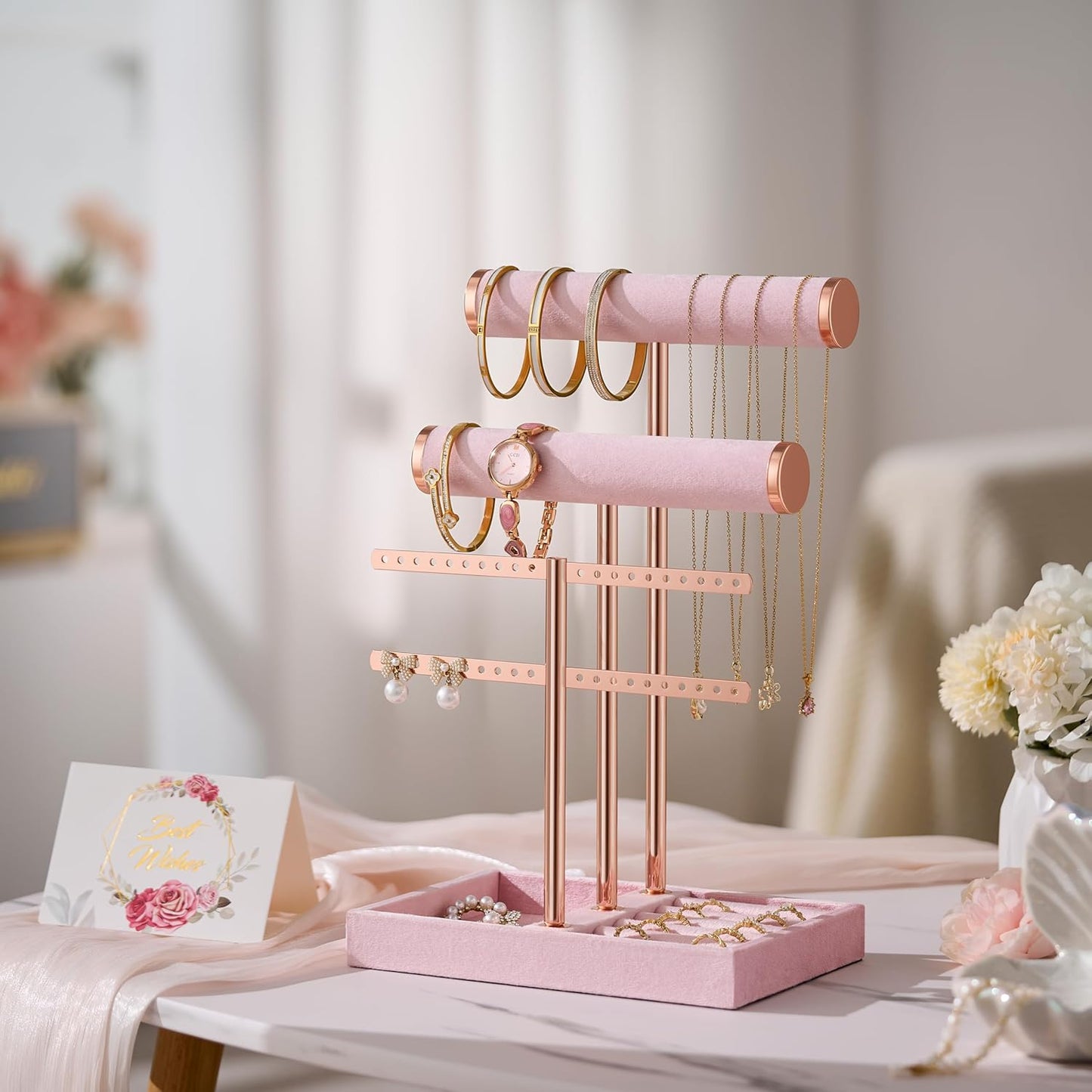 Detachable T Bar Velvet Bracelet Holder / Pink / Standard
