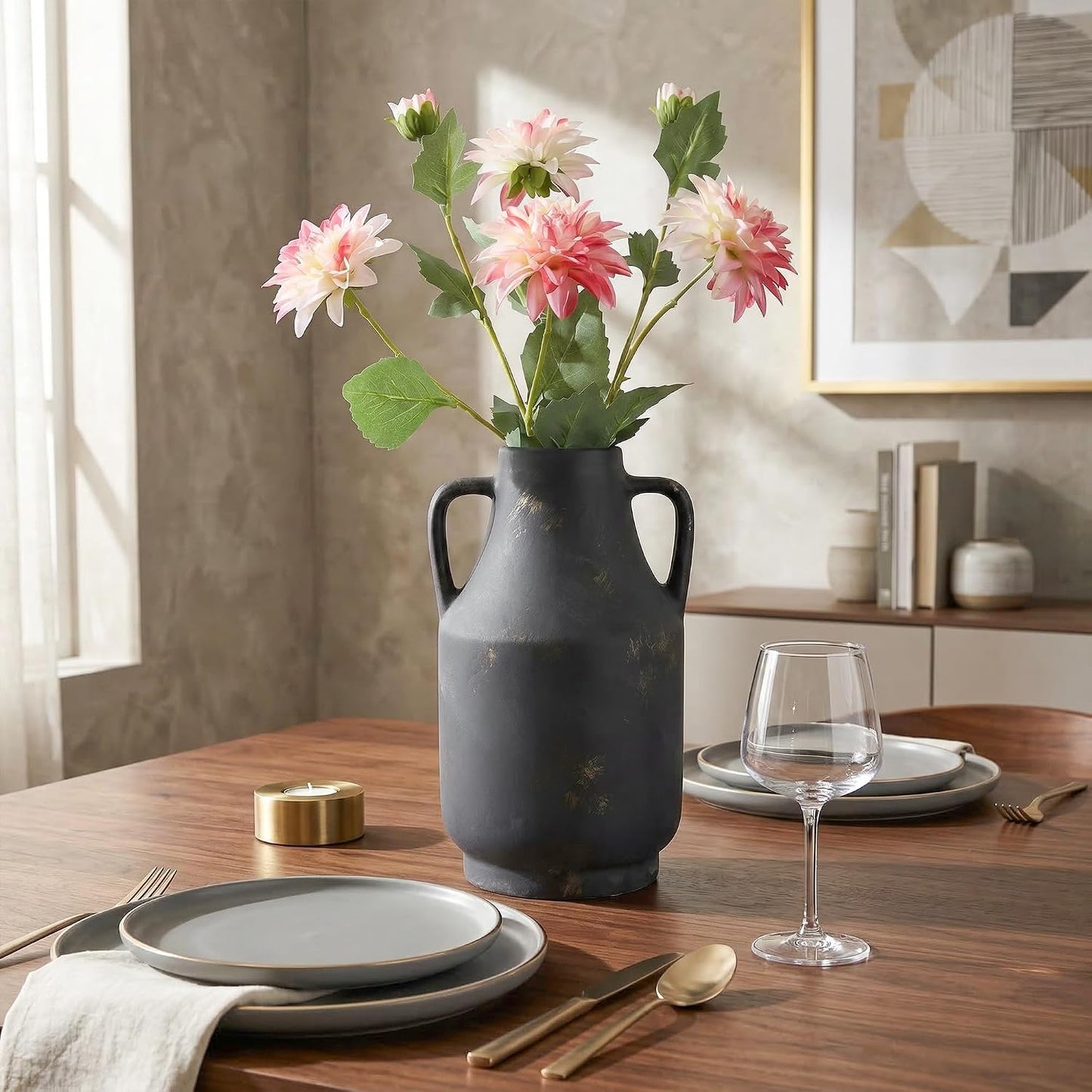 Ceramic Flower Vase / 11inch Black Gold / 11 Inch