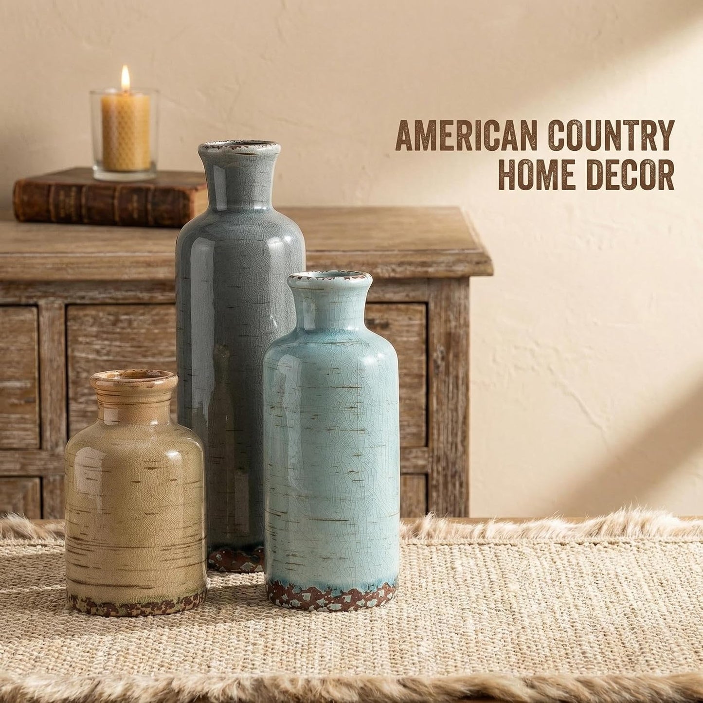 Rustic Farmhouse Vase / 107-gray Blue Stripe / Set of 3