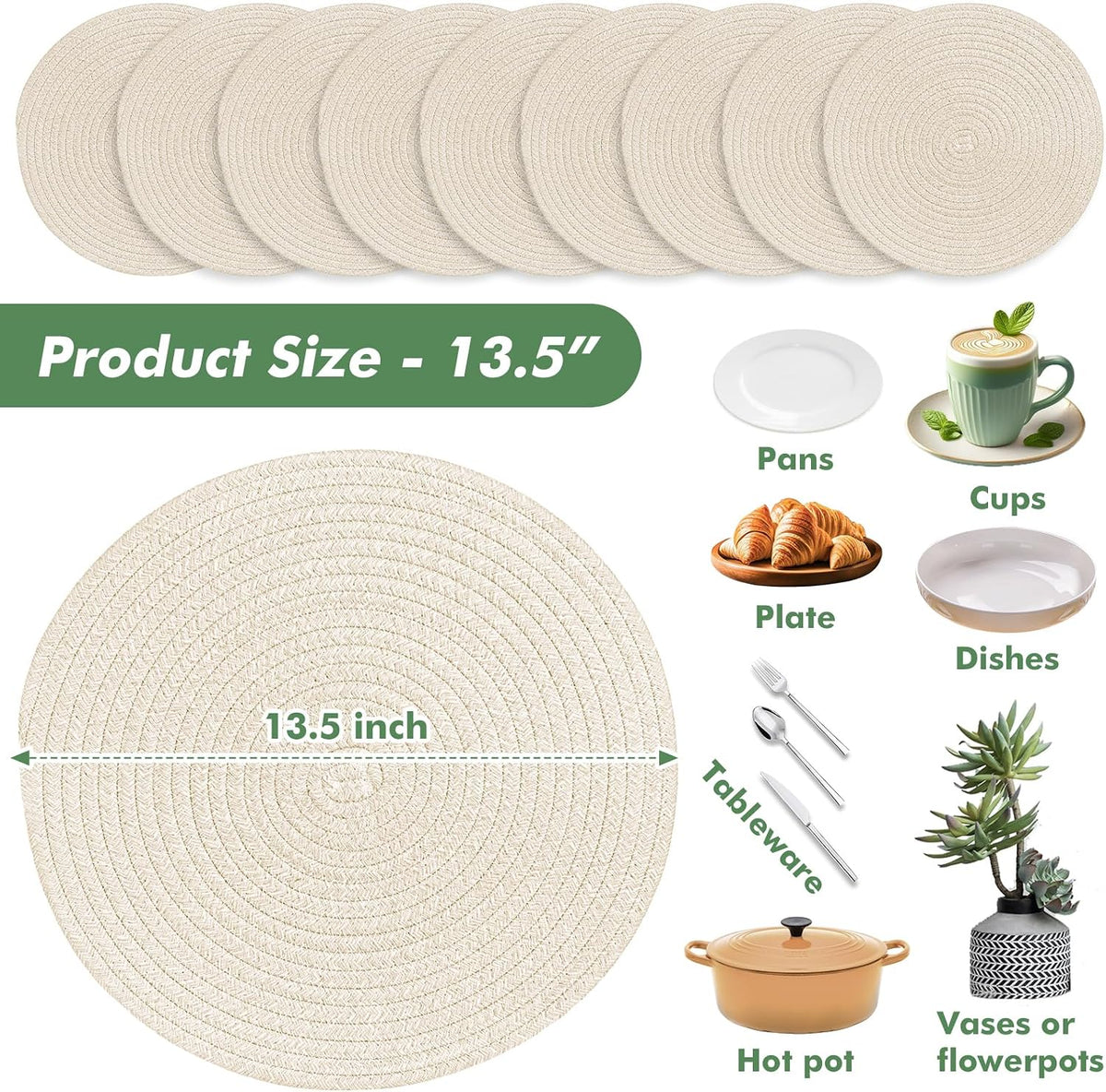 Round Woven Placemats Set of 8 Heat Resistant Placemats 13.5 Inches Farmhouse Cotton Rope Place Mats for Dining Tables