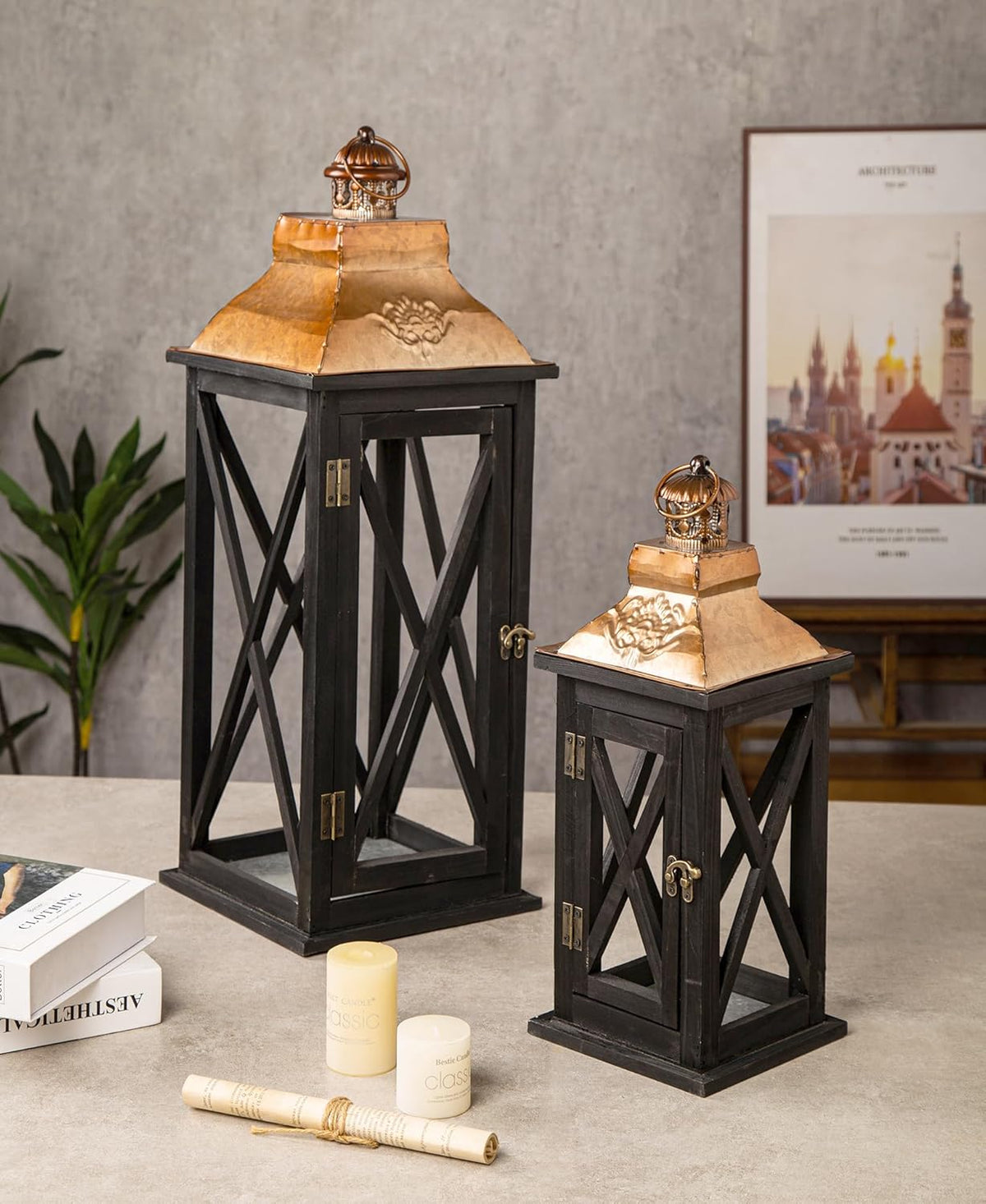 Large Farmhouse Wooden Lanterns with Metal Top, Decorative Floor Lanterns Set of 2, Black Frame with Rustic Gold