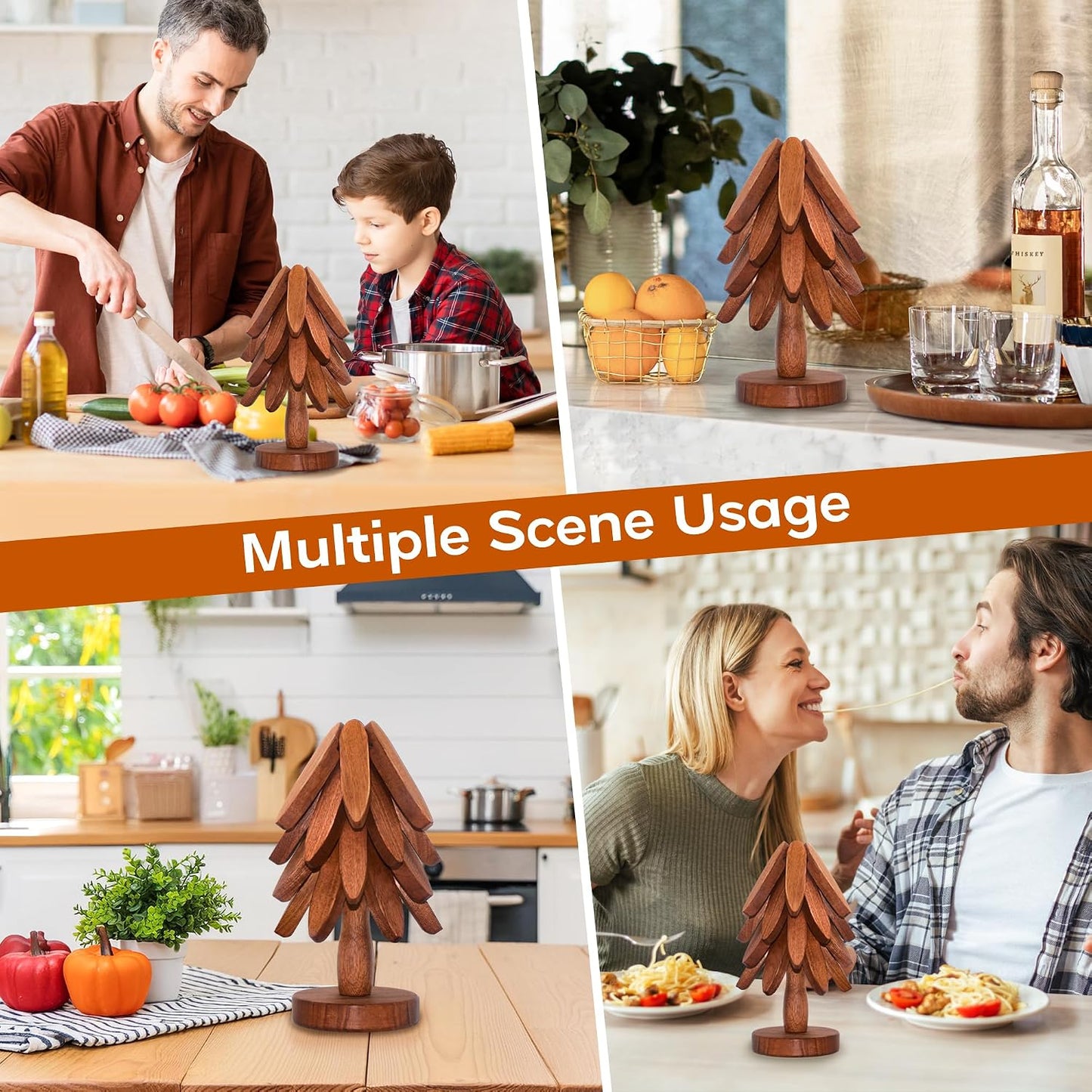 Wooden Trivets for Hot Dishes, Wooden Tree Trivet Set of 4 for Easy Storage - Suited for Hots, Pans/Bowl, Teapot, Hot