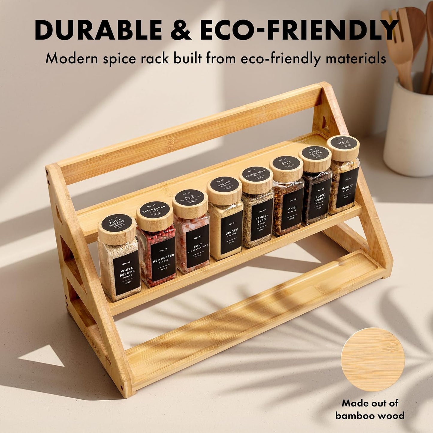 3 Tier Bamboo Spice Rack Organizer for Cabinet – Fits 24 Spice Jars, 17.5” Wide Countertop & Cabinet Organizer for