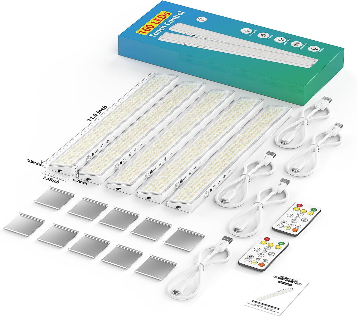 12" Under Cabinet Lights Wireless Rechargeable, Motion Sensor, 5Pack, White | Touch & Remote Control丨160 bright
