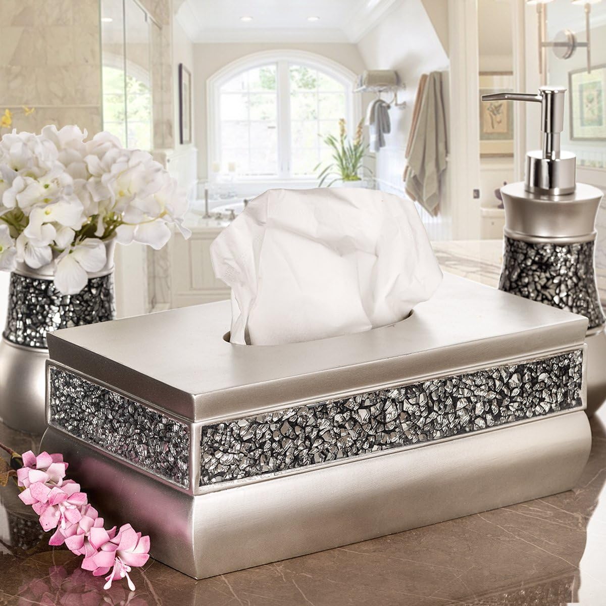 Crackled Glass Silver Tissue Box Cover Rectangular - Decorative Bling Tissue Box Holder With Beautiful Mosaic Glass