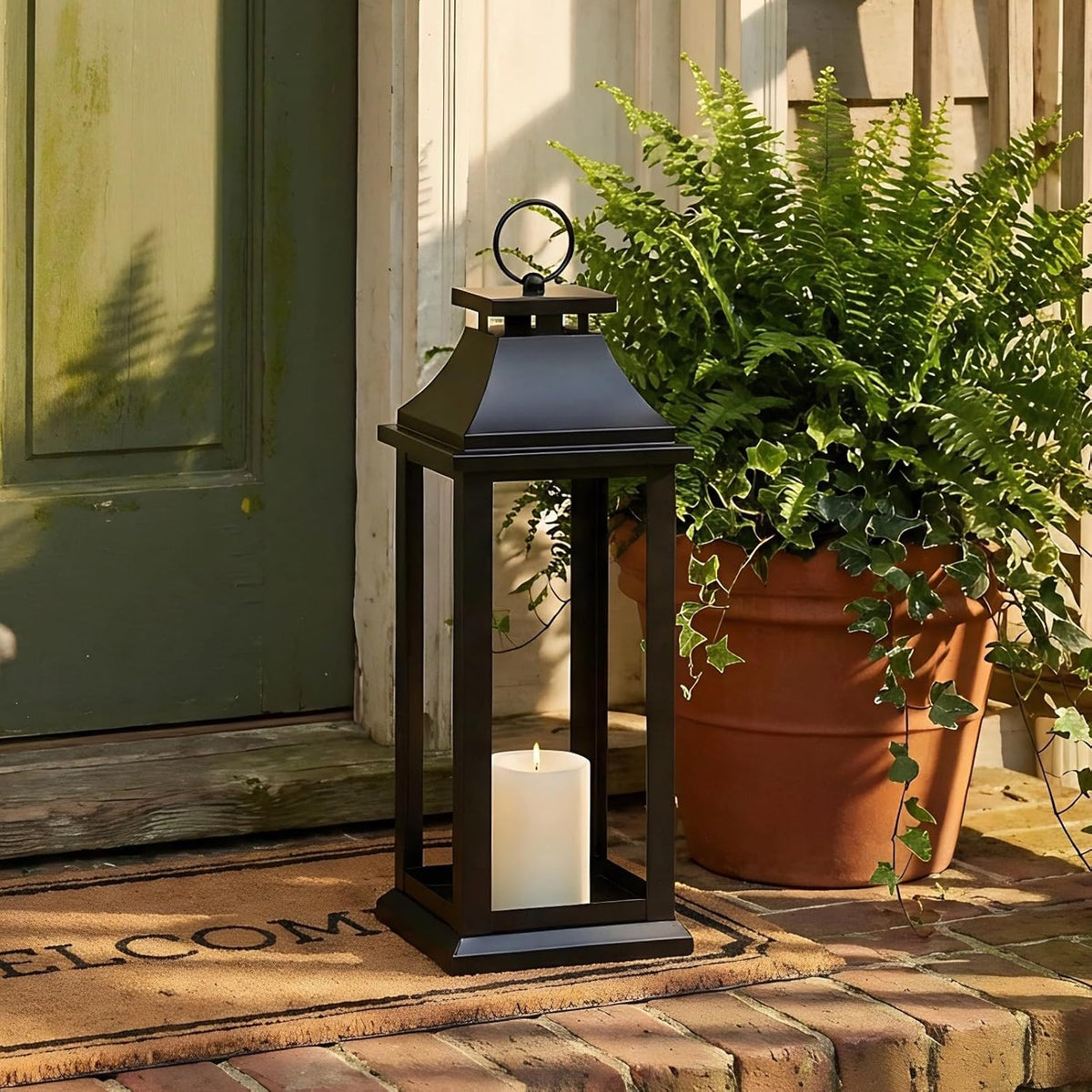 Modern Farmhouse Black Lantern Candle Holder – 18” Hanging Decorative Lantern for Indoor & Outdoor Home Décor – Ideal