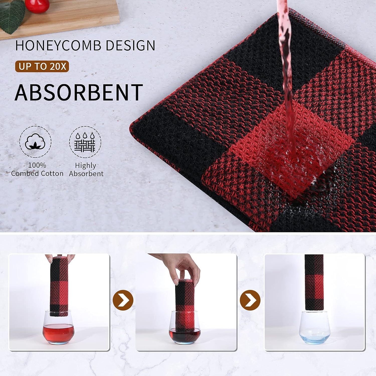 Mordimy Cotton Waffle Weave Kitchen Towels, 13"x 28", 6 Pack, Black & Red | Super Soft and Absorbent Buffalo Check