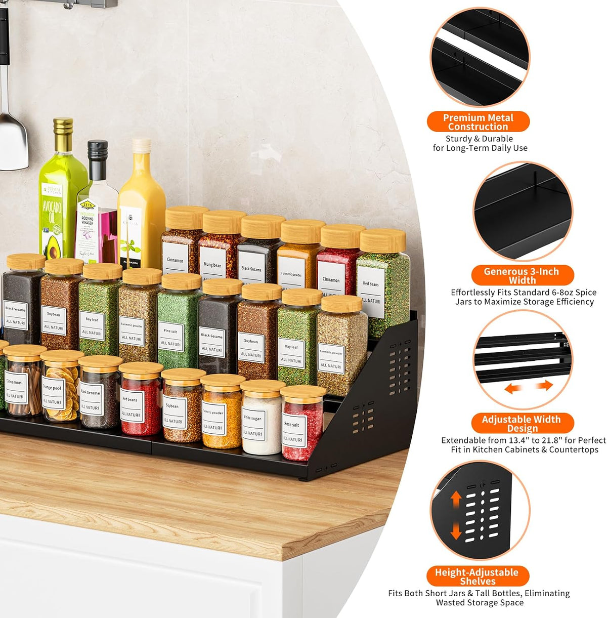 RCHYFEED 3 Tier Spice Rack Organizer for Cabinet,Expands 13.4 to 21.8 Inch | Black, Height Adjustable Metal Spice Rack