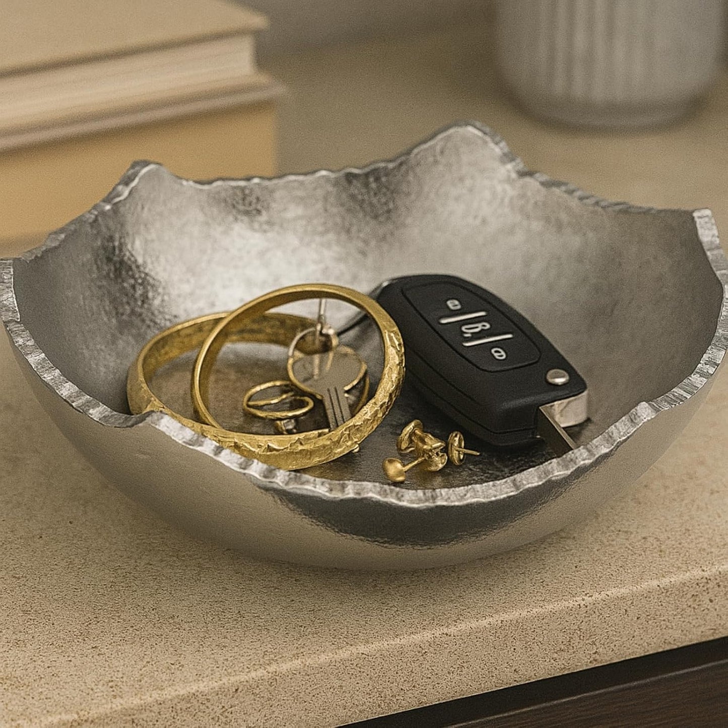Decorative Moon Decorative Metal Torn Hammered Asymmetrical Centerpiece Bowl / Silver / 8.5 Inch